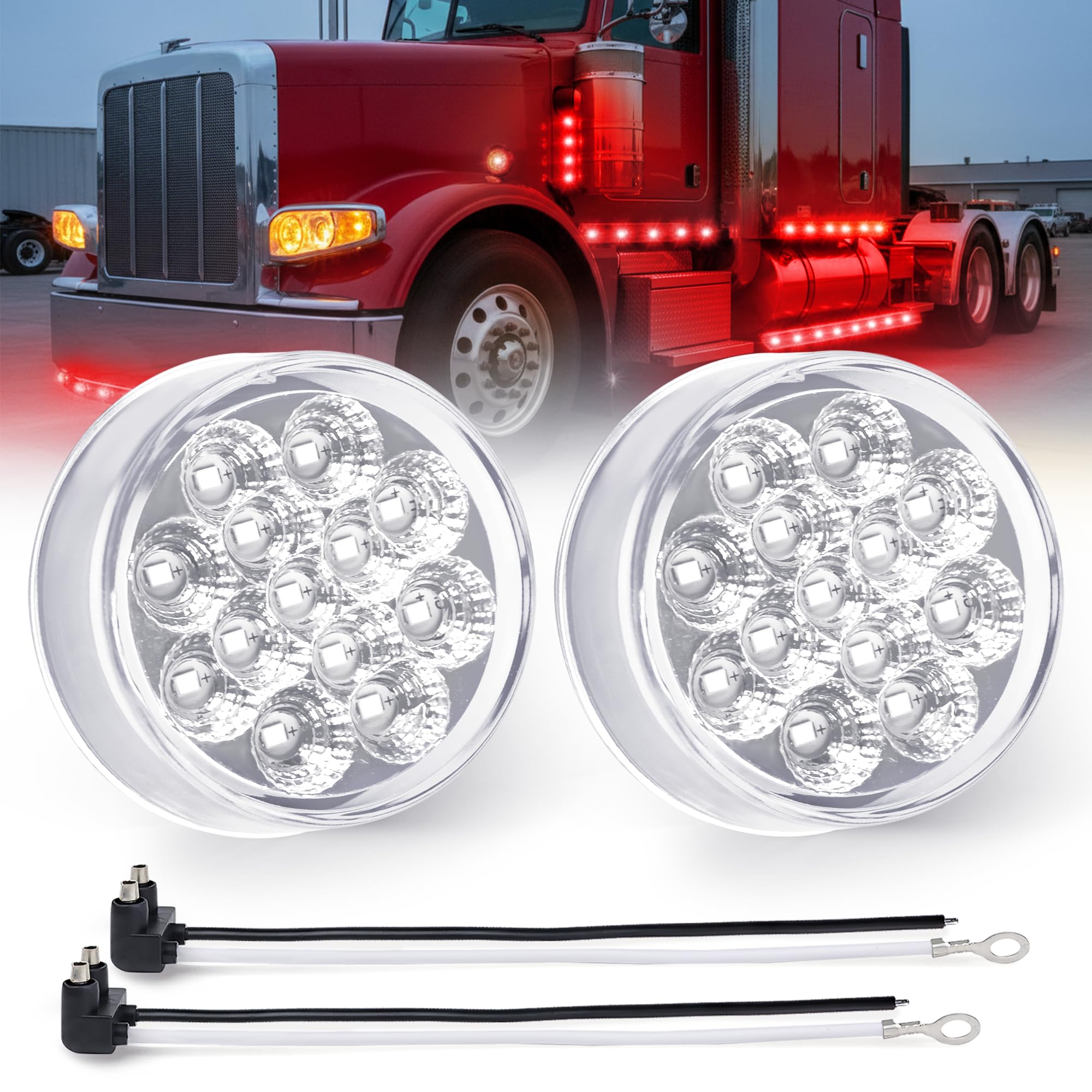 MADCATZ 2Pcs 2.5    Mini Round Clear Lens Red LED Marker Lights 13 Diodes Reflectors w/2-Prong Pigtail, Sealed Waterproof 12V DC