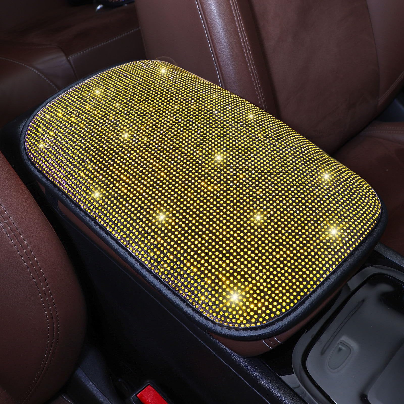 Tobequeen Yellow Arm Rest Cover, Rhinestone Crystal Diamond Bling Center Console Cover, Universal Fit All Vehicles, Interior Bli