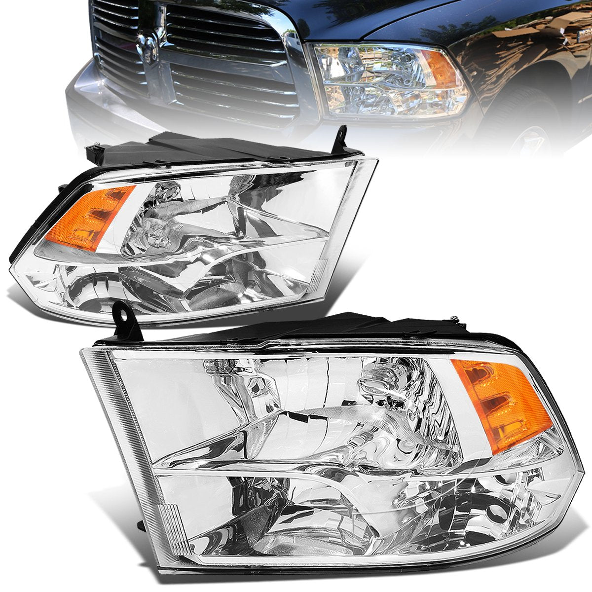 Auto Dynasty Quad Halogen Headlights Assembly Compatible With Dodge Ram 1500-5500 (New Body Style) 2009-2018, Driver And Passeng