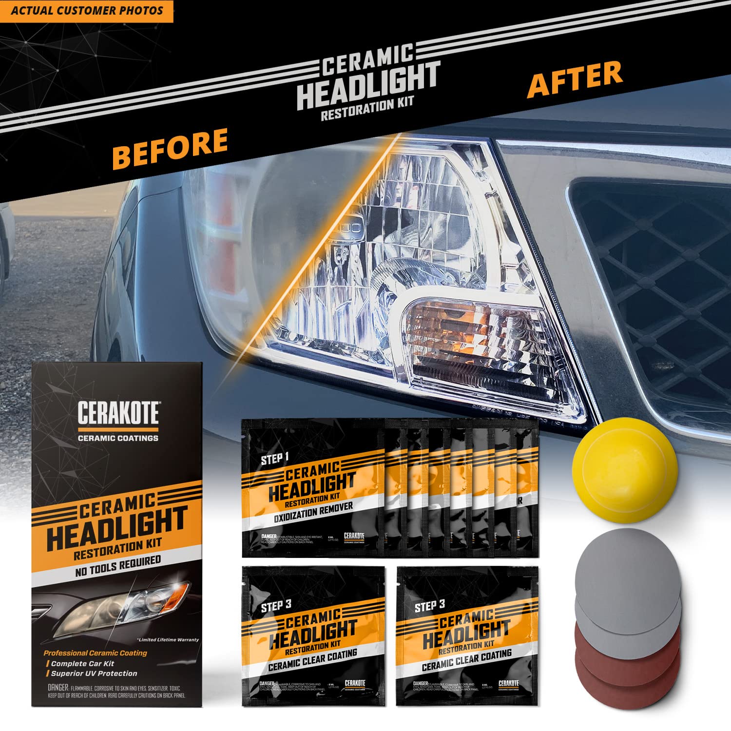 Cerakote® Ceramic Headlight Restoration Kit - Guaranteed To Last As Long As You Own Your Vehicle - Brings Headlights Back To Like New Condition - 3 Easy Steps - No Power Tools Required