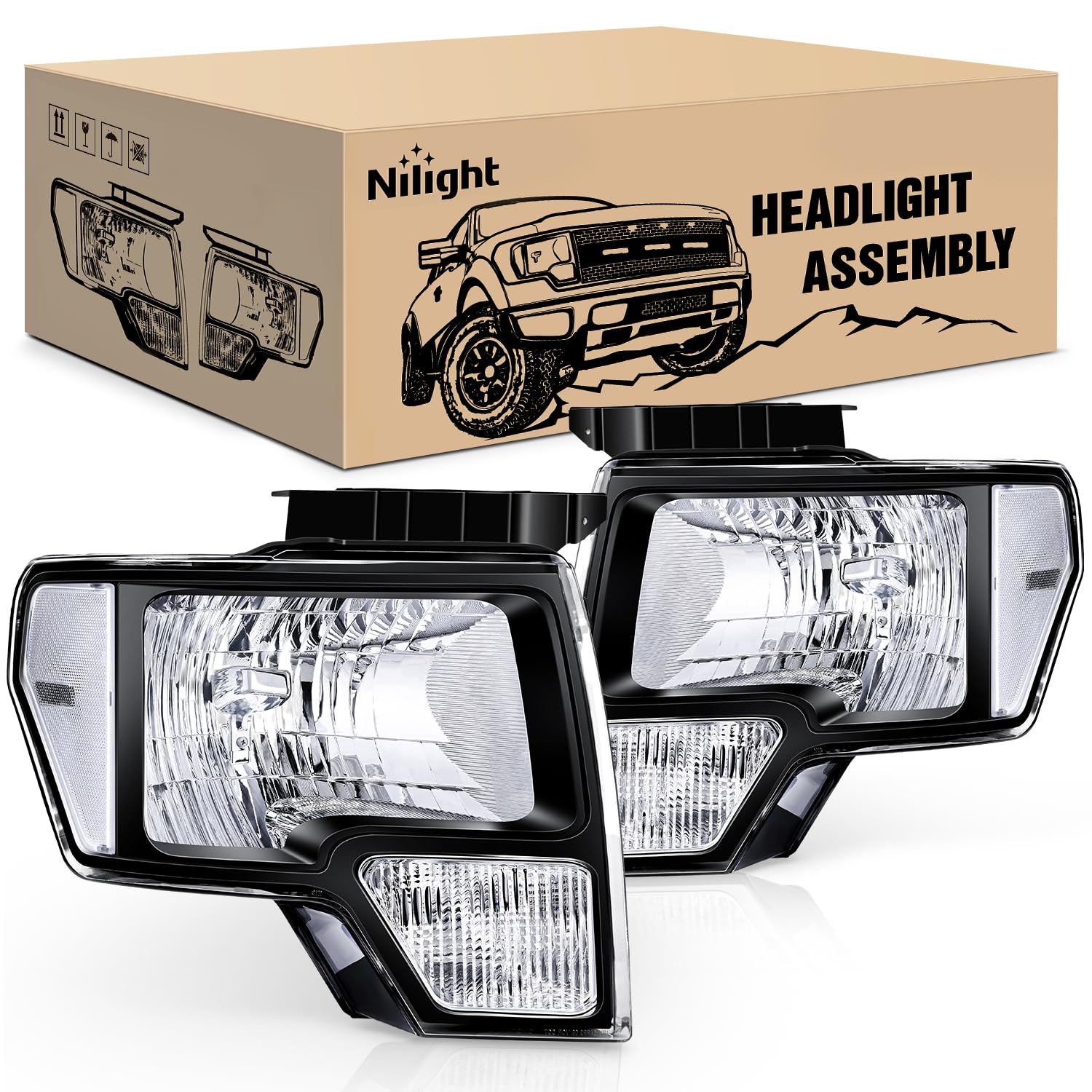 Nilight 2009 2010 2011 2012 2013 2014 F150 Headlight Assembly Black Housing Clear Corner Clear Lens Headlamp Replacement Driver