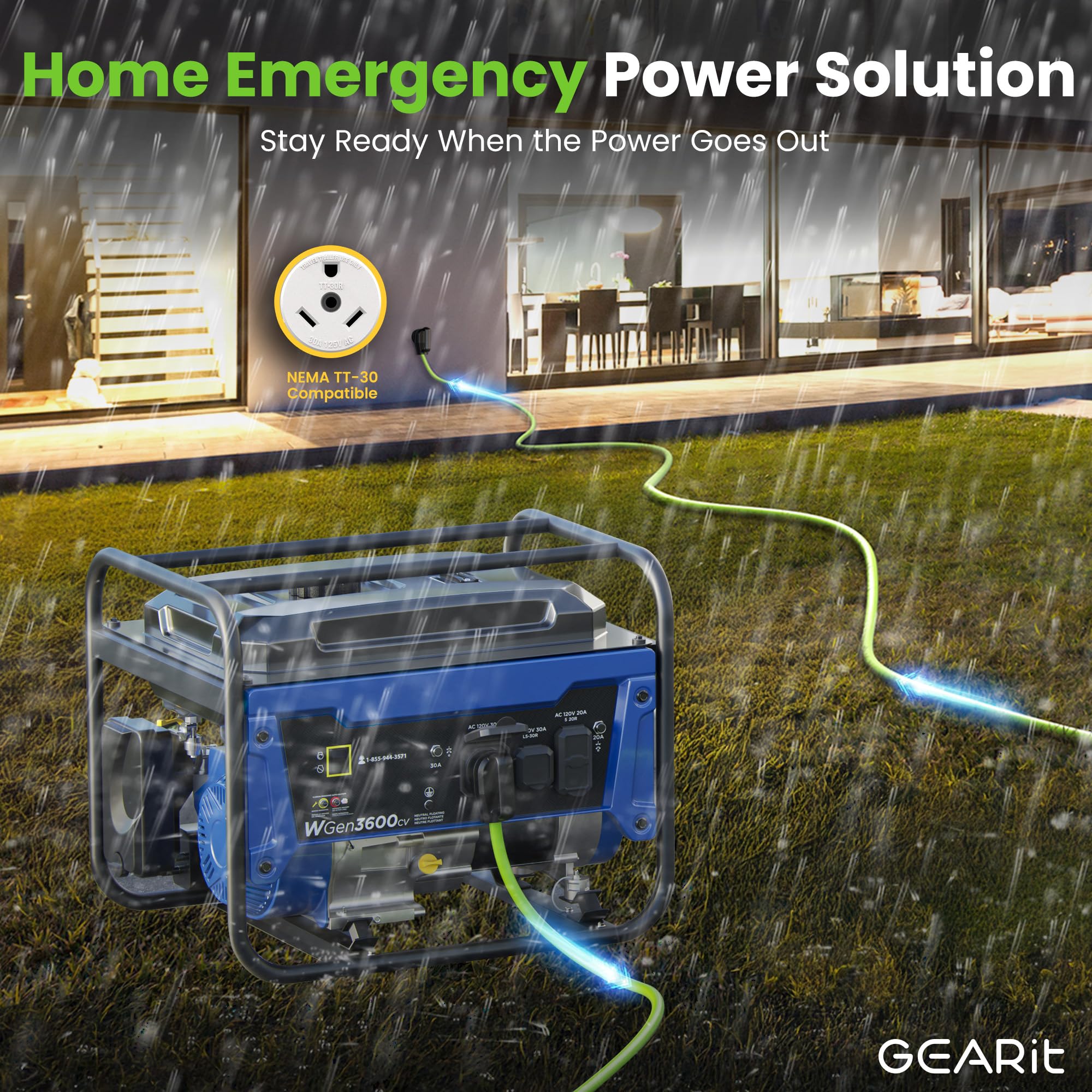 Gearit 30-Amp Extension Cord For Rv And Auto, (10-Feet) 3-Prong 125-Volt 10/3 Stw 10Awg Gauge 3 Wire, Nema Tt-30P To Tt-30R, Out