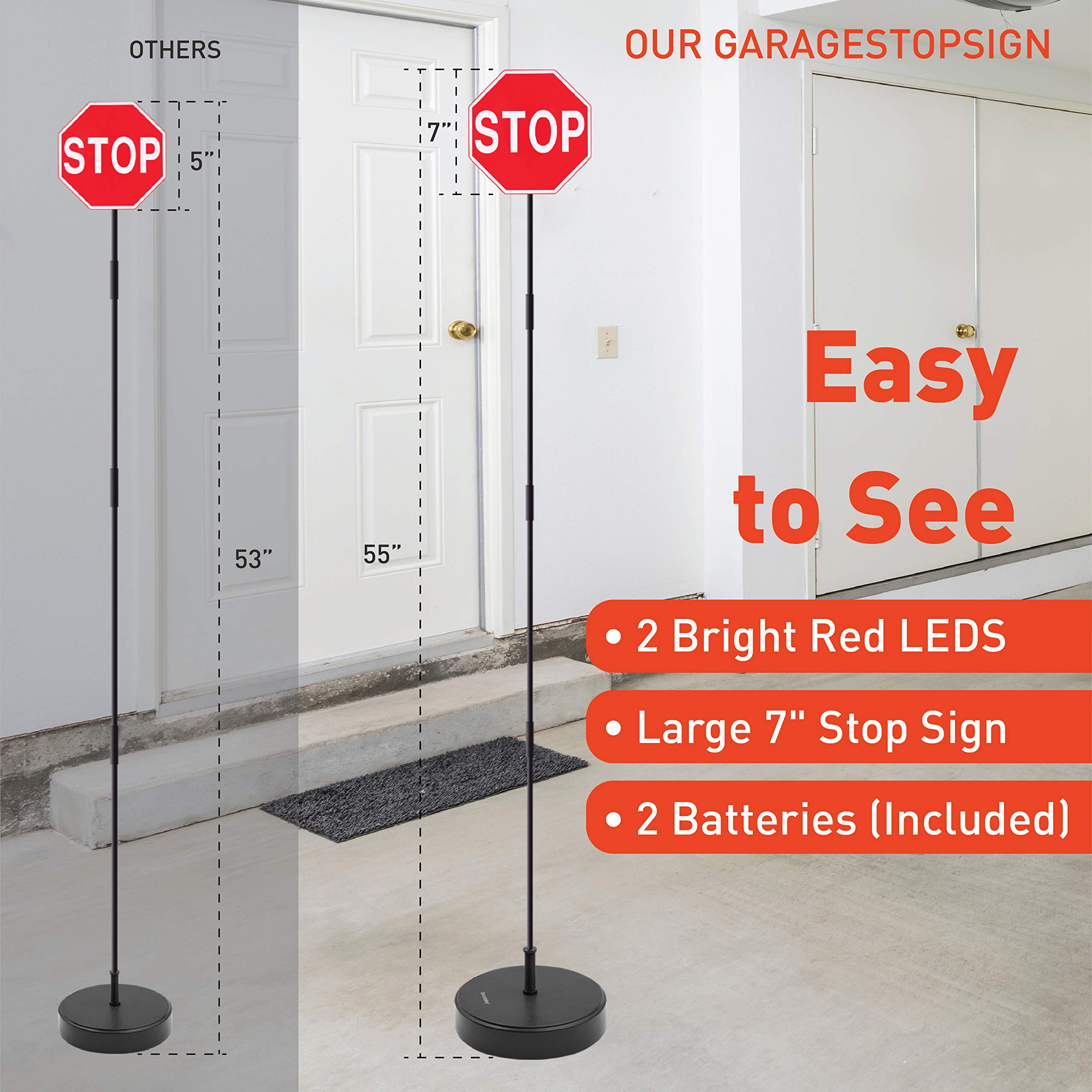 Securityman Led Stop Sign For Garage Parking Assist [Upgraded Base] - Large 7 Sign, Bright Red Leds, Adjustable Height - Garage Car Stop Indicator That Lights Up