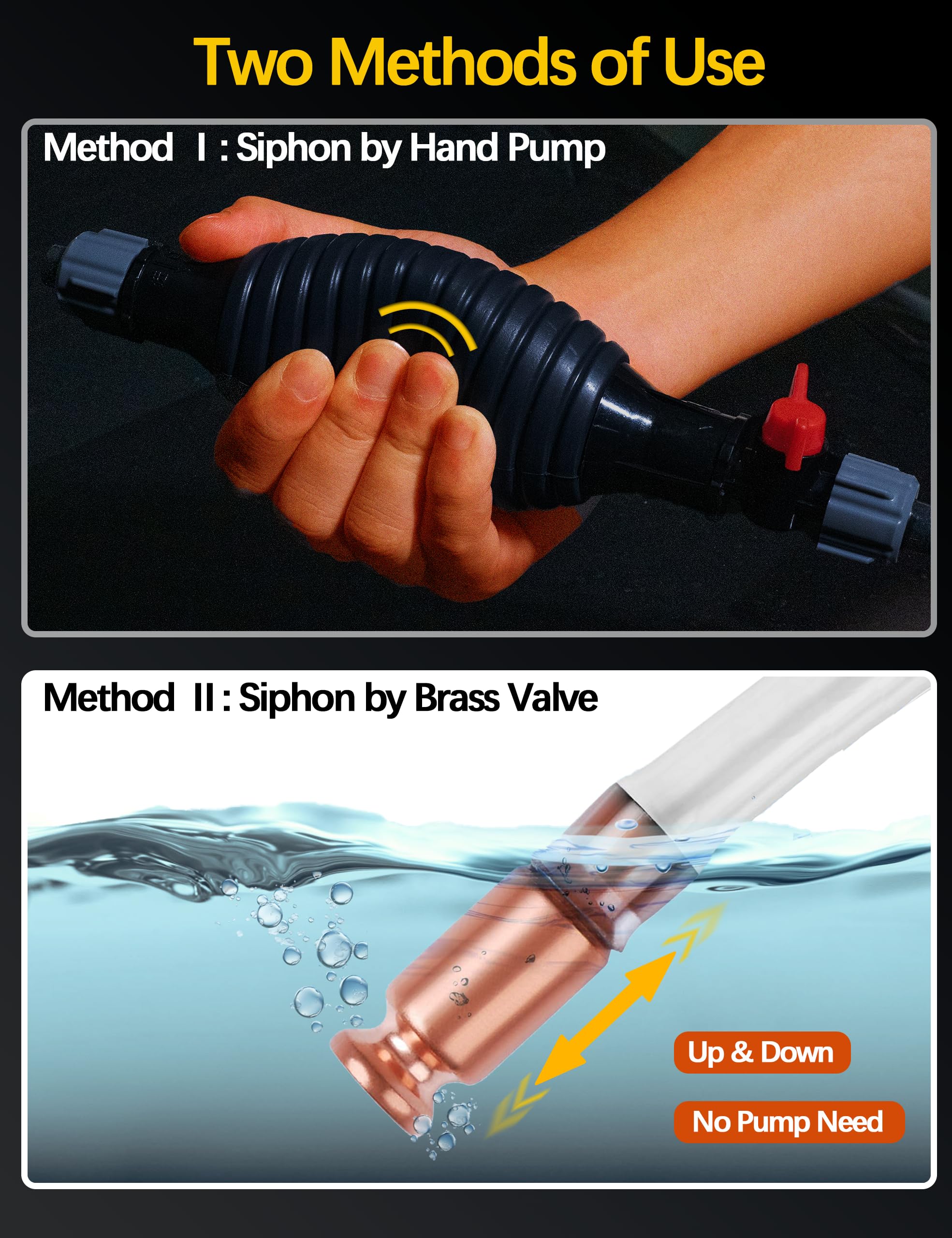 Hand Fuel Pump, 8.2ft Siphon Hose Transfer Pump with Brass Valve and Clips for Gasoline, Lawn Mower, Snow Blower, Yard