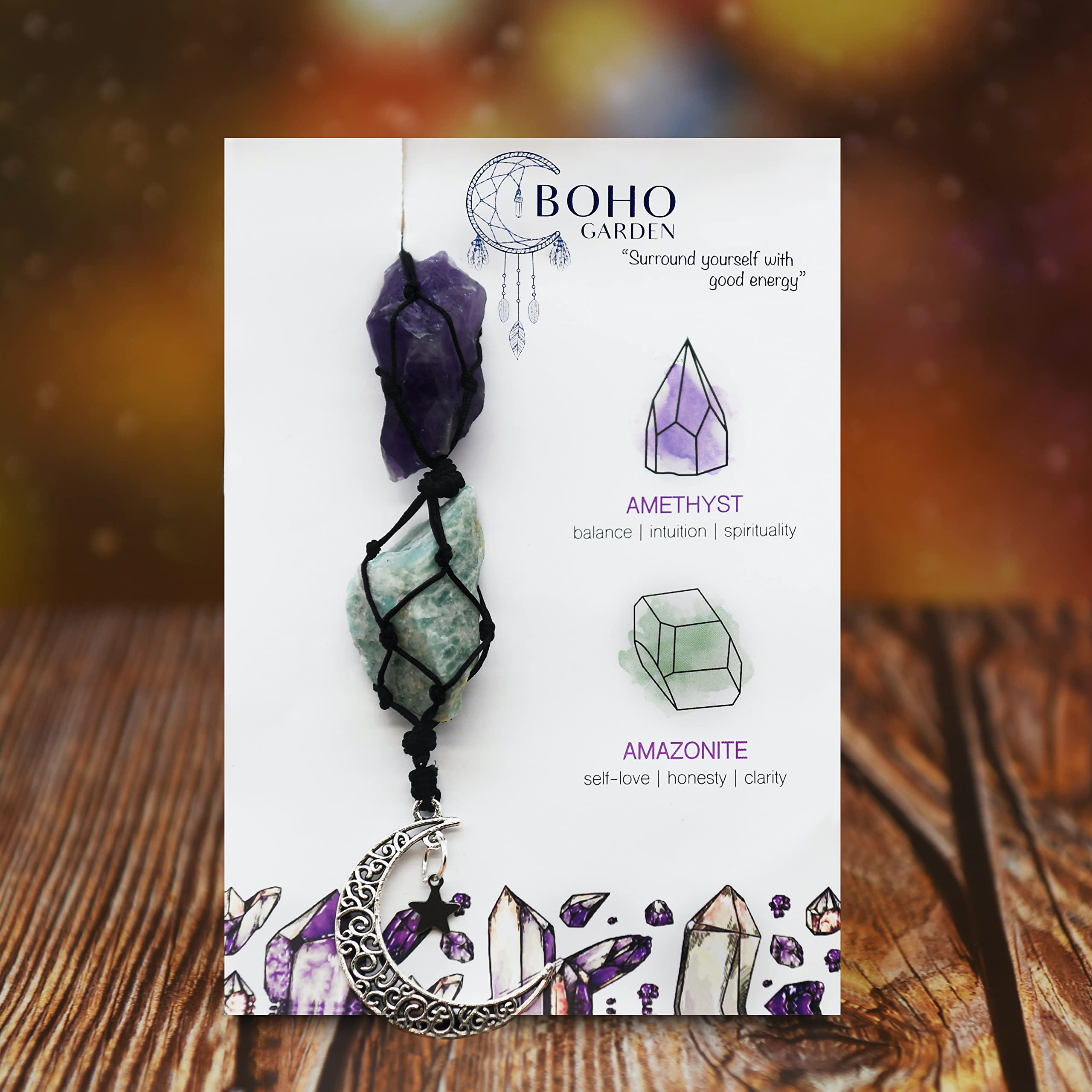 Boho Garden Hanging Car Charm - Amethyst & Amazonite - Dangling Moon & Healing Crystal Accessories, Rearview Mirror Decorations - Balance, Intuition, Spirituality, Self-Love, Honesty, Clarity, Energy