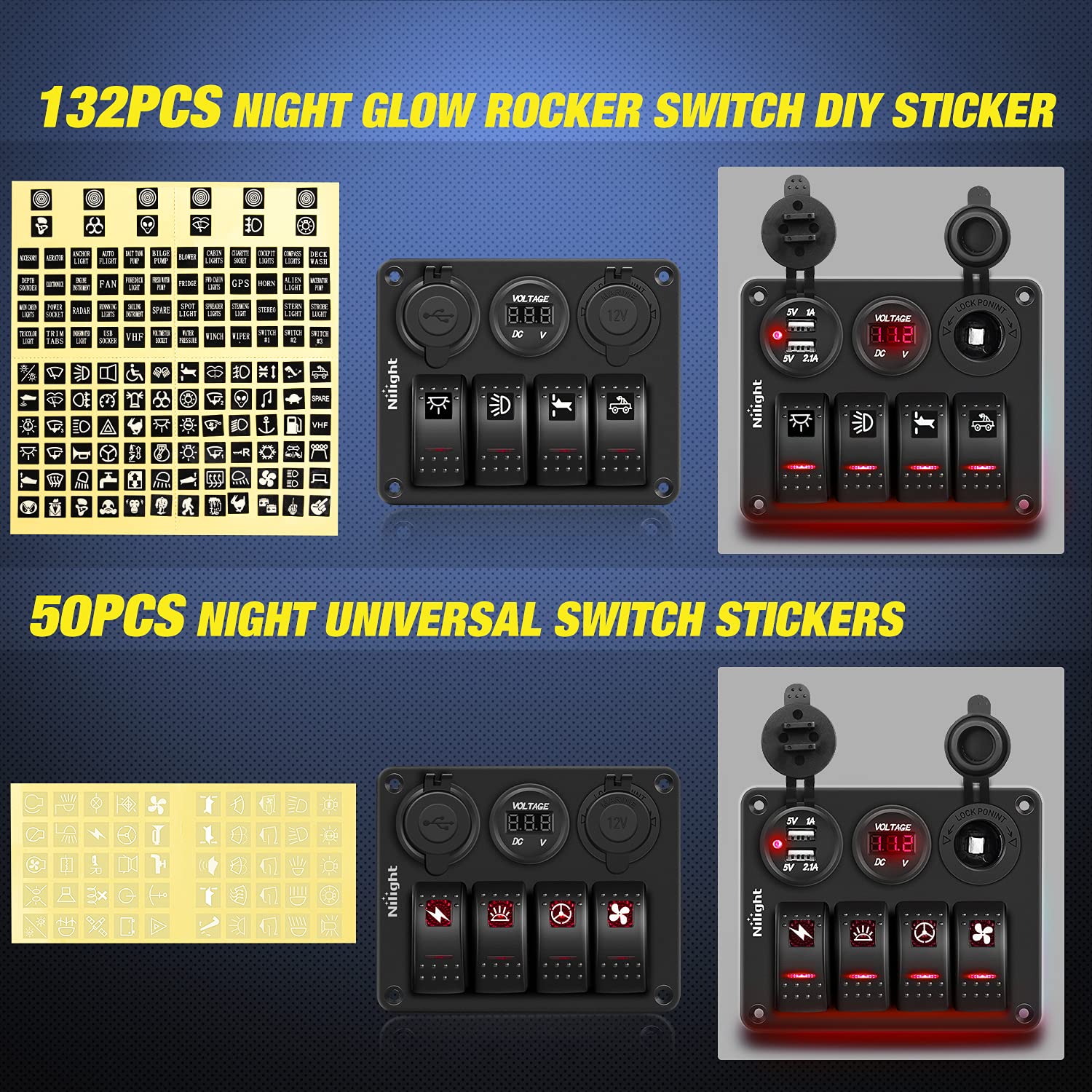 Nilight 4Gang Rocker Switch Panel with USB Charger Voltmeter and Cigar Lighter 12V 24V Toggle ON Off Red Night Glow Stickers for