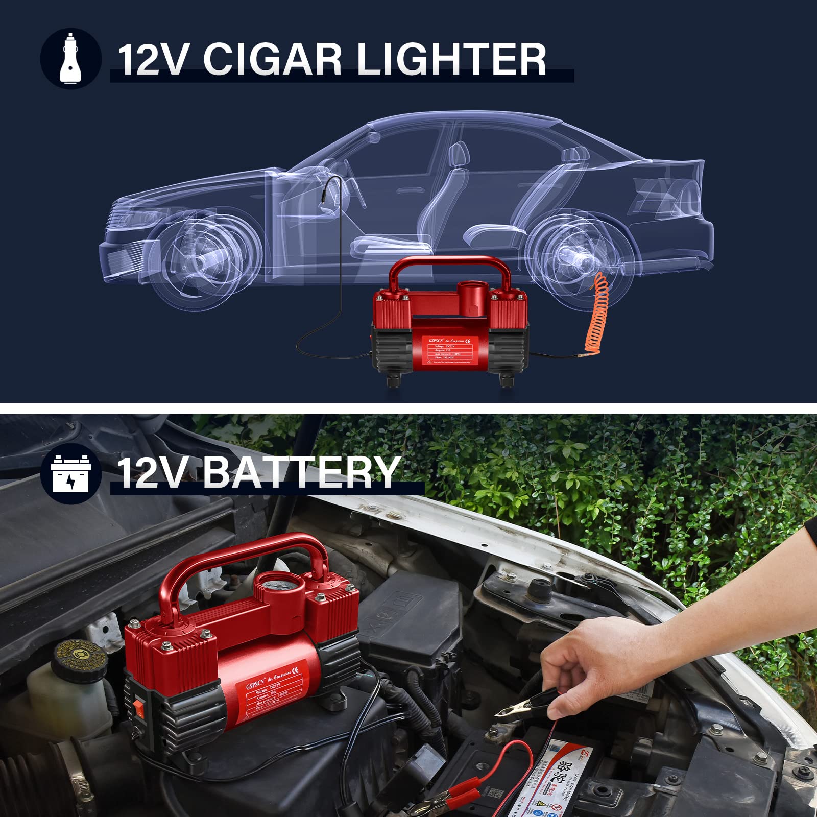 Gspscn Red Tire Inflator Heavy Duty Double Cylinders, Portable Metal Dc 12V Air Compressor, 150Psi Tire Pump With Adapter For Ca