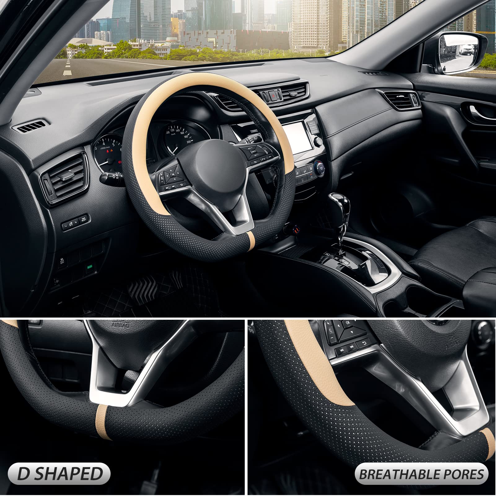 Seg Direct Flat Bottom Steering Wheel Cover Breathable, D Shaped Car Wheel Cover 14 1/2-15 In. (37-39 Cm), Black Beige Microfibe