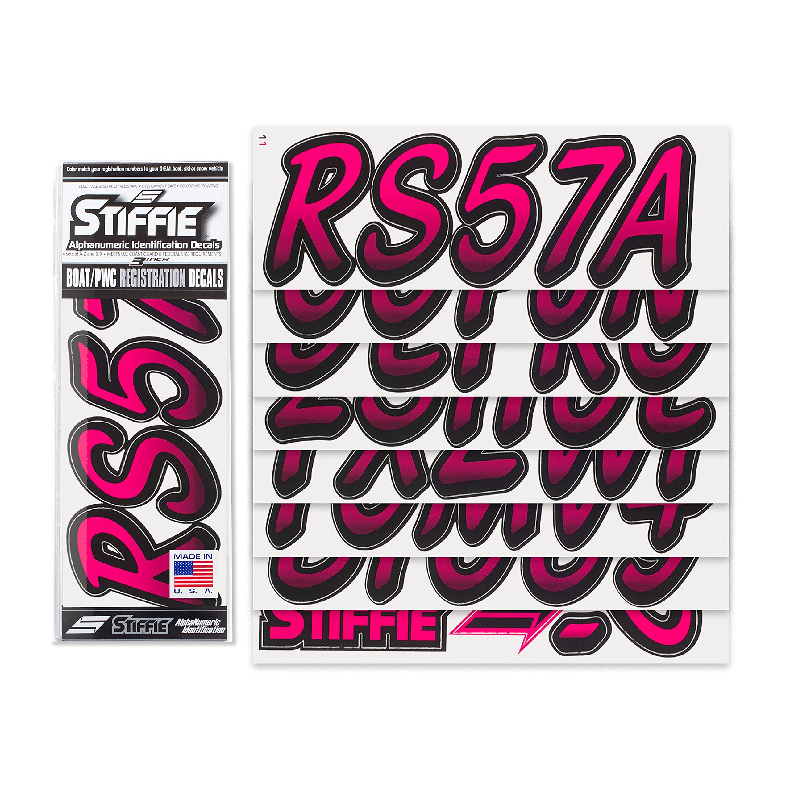 Stiffie Whipline Berry/Black 3 Alpha-Numeric Registration Identification Numbers Stickers Decals For Boats & Personal Watercraft