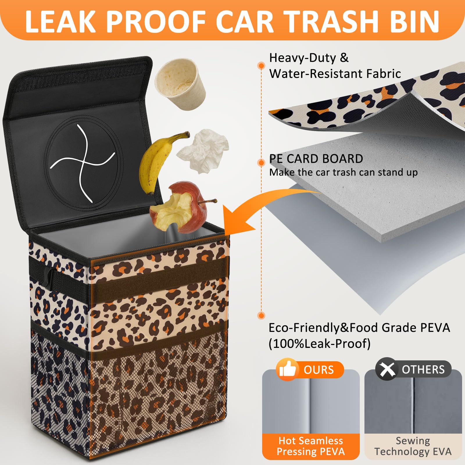 Vankor Cute Car Trash Can, Car Accessories For Women Interior Can Trash Bag Hanging Automotive Garbage Cans Leopard Pattern