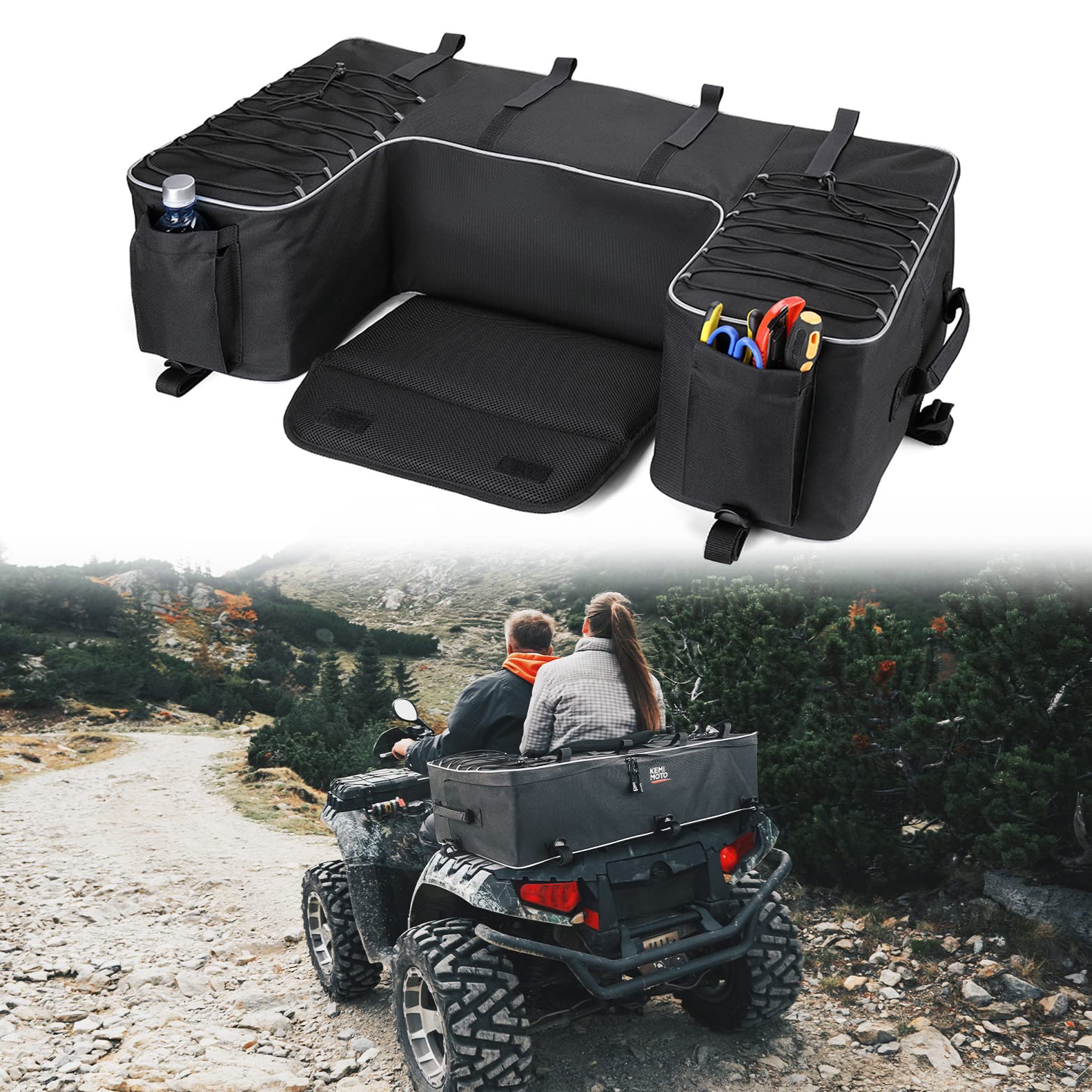 KEMIMOTO ATV Storage Bags, 50L ATV Rear Seat Storage Bag Water-Resistant Four Wheeler Gear Bag Back Seat with Built-In Frame, Re