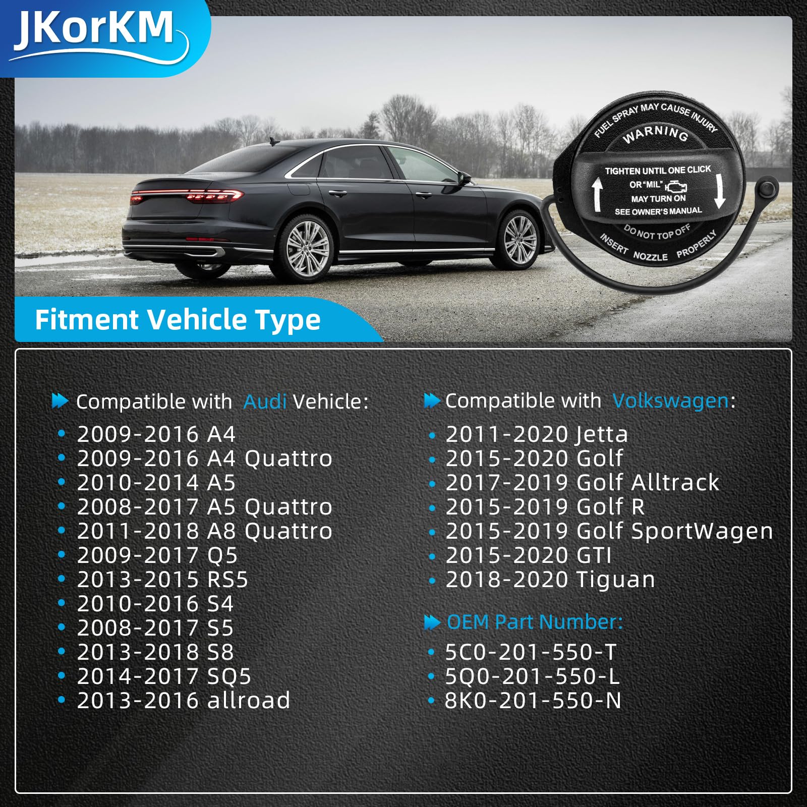 Jkorkm Gas Cap, Fuel Tank Cap For Audi A4 A5 A8 Quattro Q5 Rs5 S4 S5 S8 Sq5 Allroad,For Volkswagen Vw Jetta, Golf Alltrack R Spo