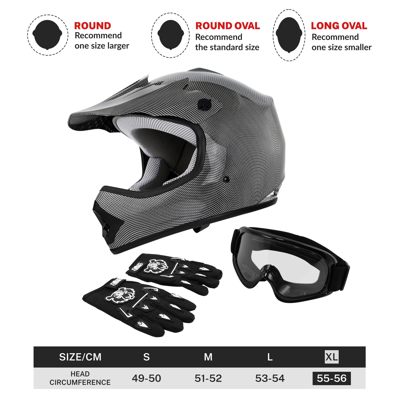 Tct-Motorparts Dot Youth Kids Motocross Atv Helmets Offroad Street Dirt Bike Go-Kart Bmx Mx Full Face Helmet Carbon Fiber X-Larg