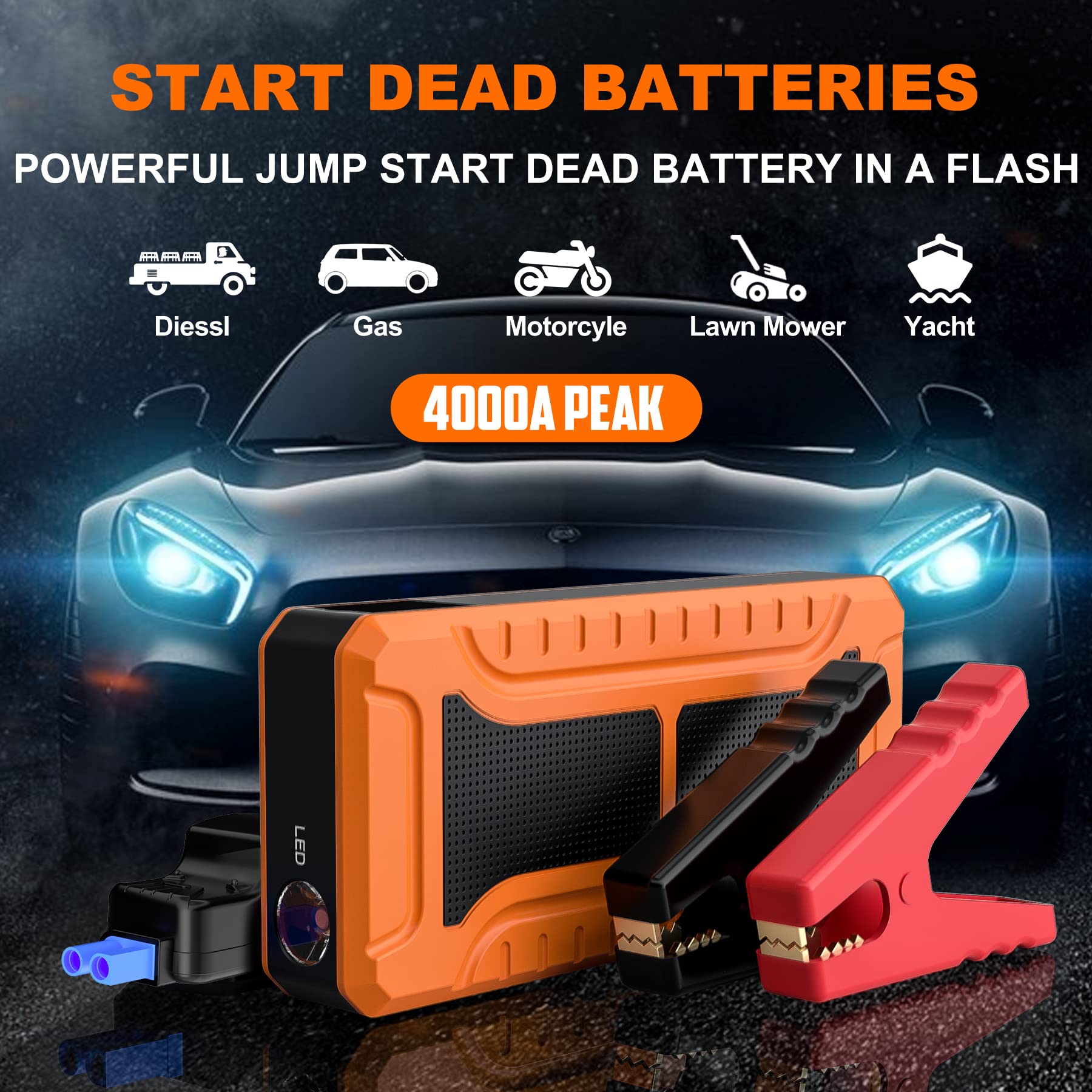 Sypom Car Jump Starter, 4000A Peak Battery Jump Starter (For All Gas Or Up To 10L Diesel), Portable Battery Booster Power Pack, 12V Auto Jump Box With Led Light,Power Bank, Usb Quick Charge