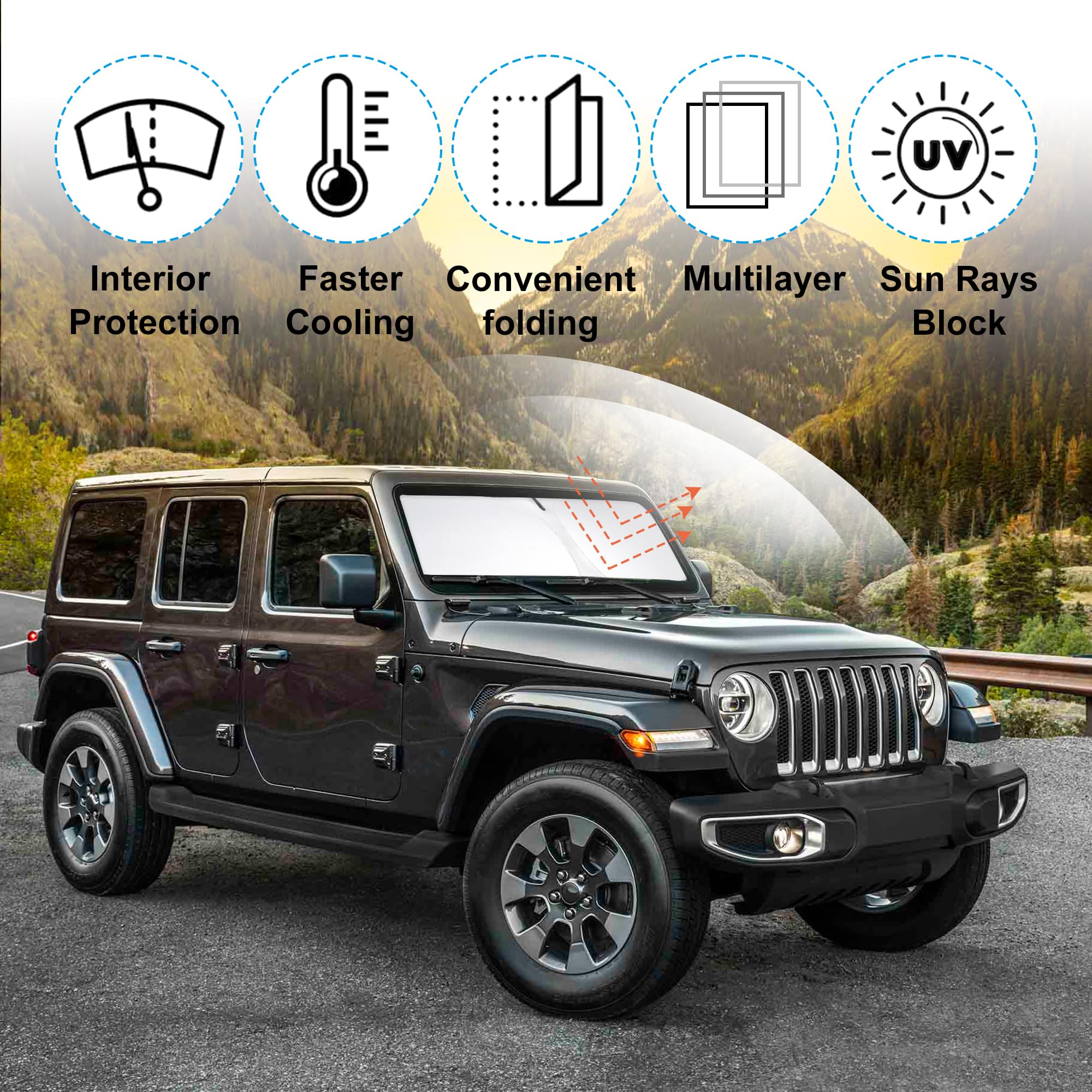 Yycke Windshield Sun Shade Accessories Compatible With 2018-2024 2025 Wrangler Jl & 2/4 Door 4Xe & 2020-2024 Gladiator Jt For Je