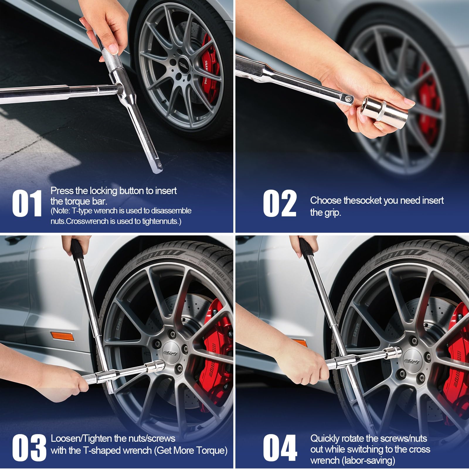 BCJCLTS Lug Wrench, 4 Way Tire Iron for Car,Tire Wrench With 1/2-Inch Drive and 2PCS Standard Sockets (17 mm/19 mm, 21 mm/23 mm)