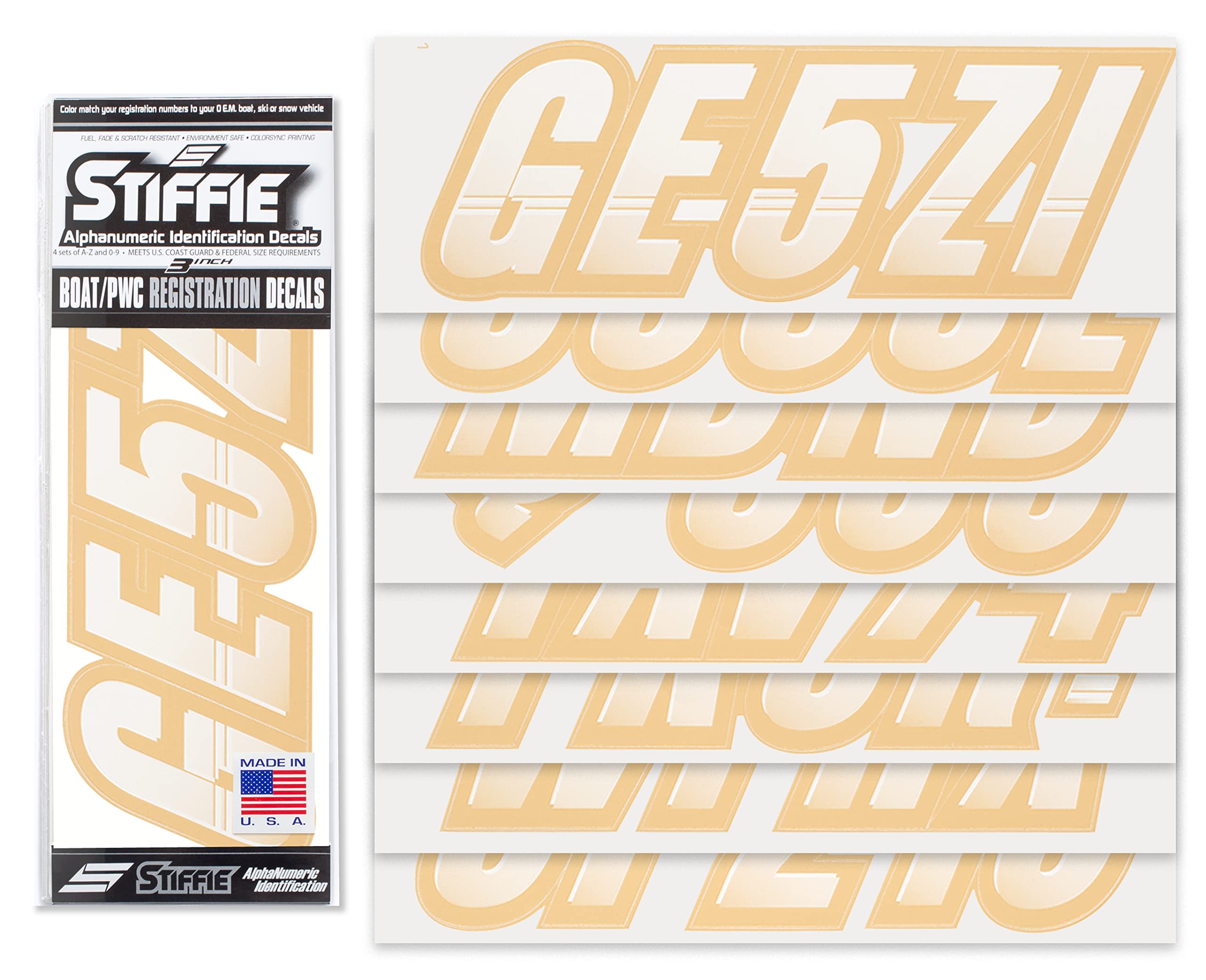Stiffie Techtron White/Tan 3 '' Boat & Pwc Registration Decals  Numbers Letters Stickers