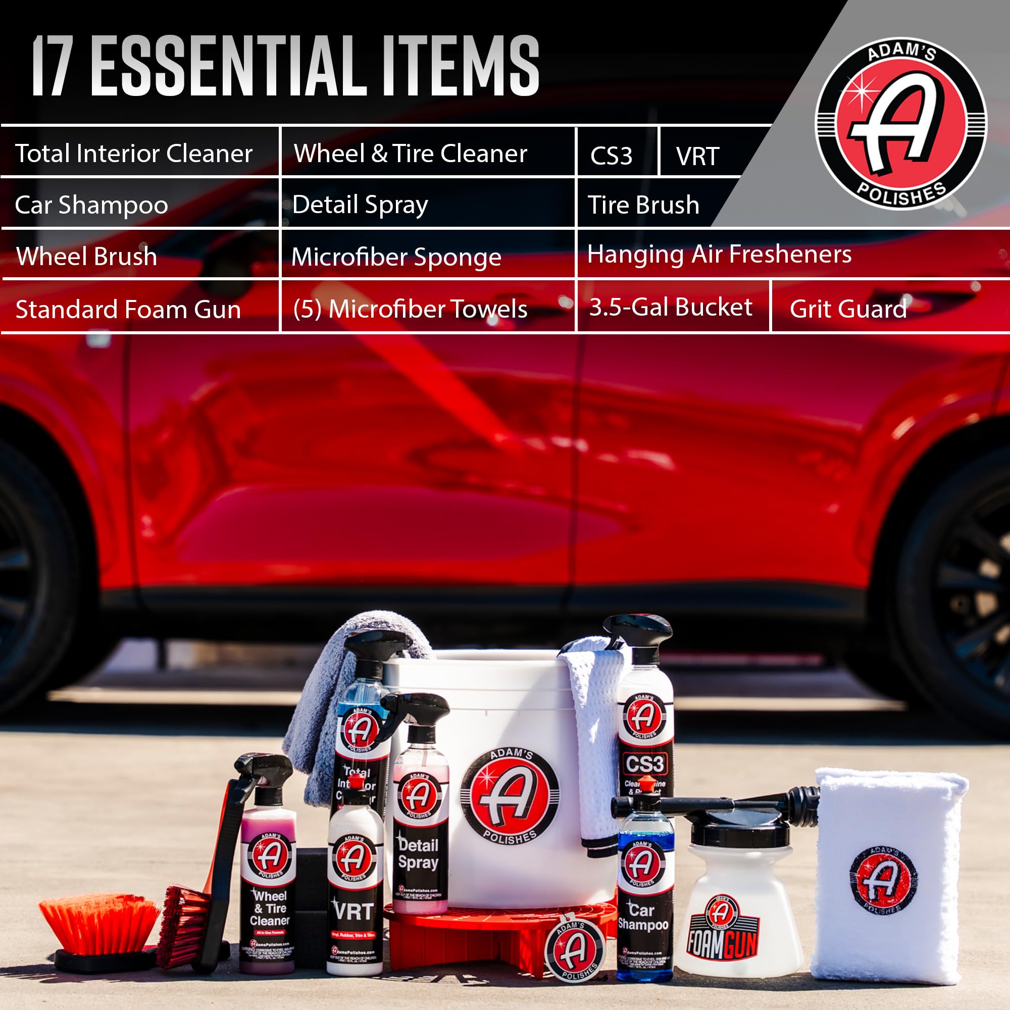 Adam'S Essential Car Wash Kit (17-Item) - Auto Detailing Car Care Cleaning Kit With Foam Gun & Bucket Car & Truck Lovers, Dads,