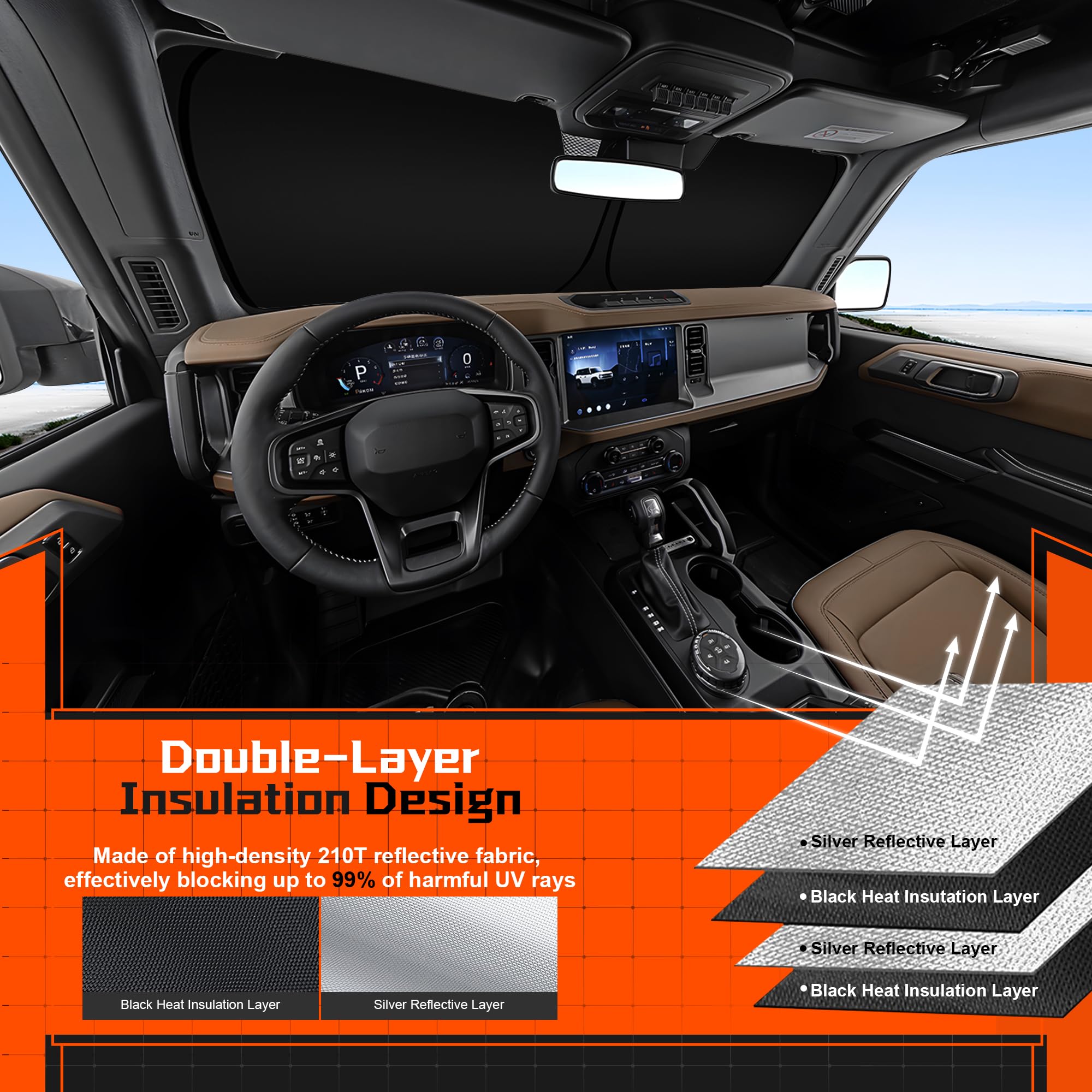 Toluoma Custom Fit Windshield Sun Shade For Gmc Sierra 1500 2500 3500 2019-2025 - Full Coverage, 210T Reflective Fabric, Blocks