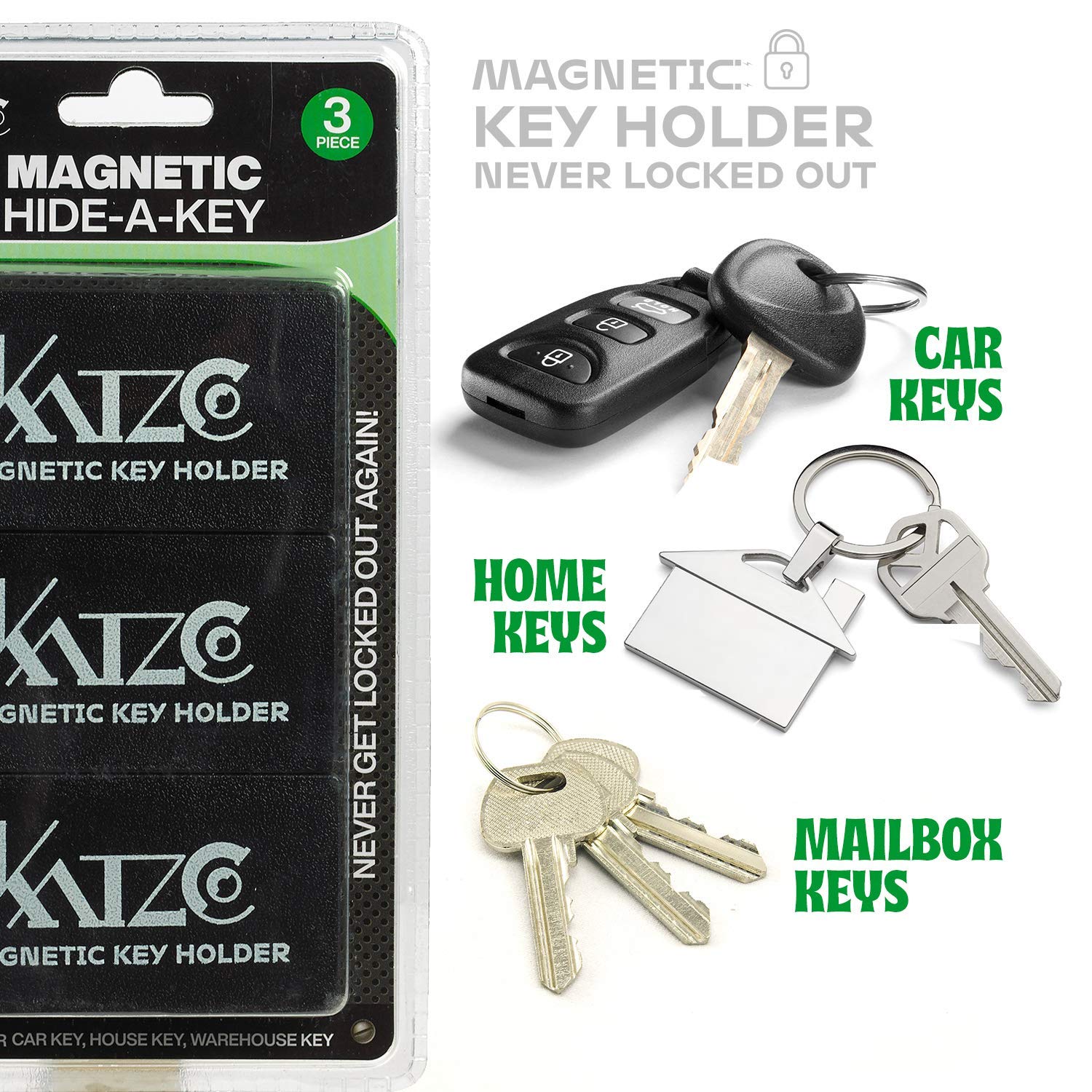 Katzco Magnetic Key Holder - 3 Pack - 1.25 X 2.75 Inches - Rugged Black Plastic Cases With Strong Magnets - For Safe Compartment
