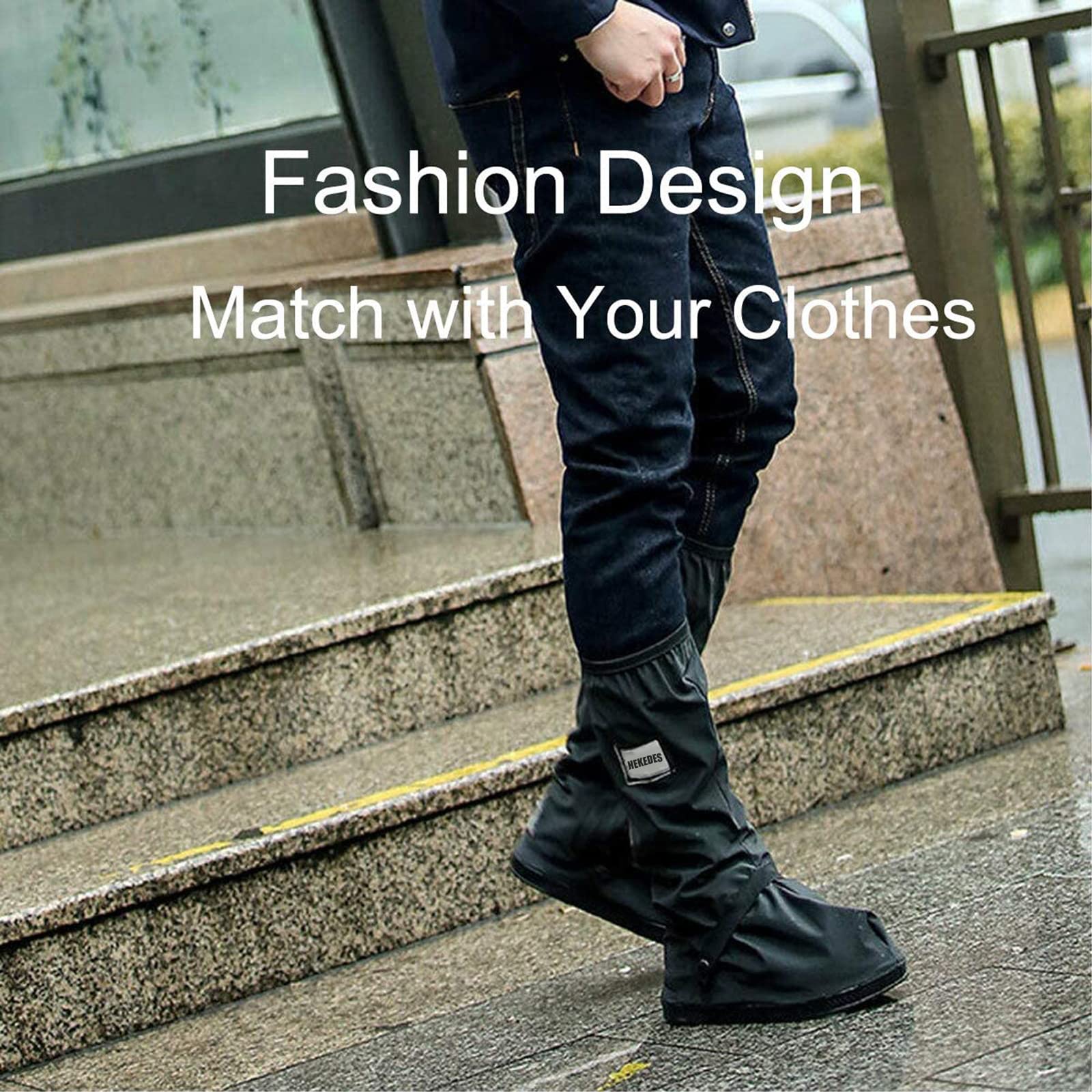 HEKEDES Waterproof Shoe Covers, Reusable Black Rain Gear, Non-Slip, Reflector, X-Large, Model AUHOO-SC