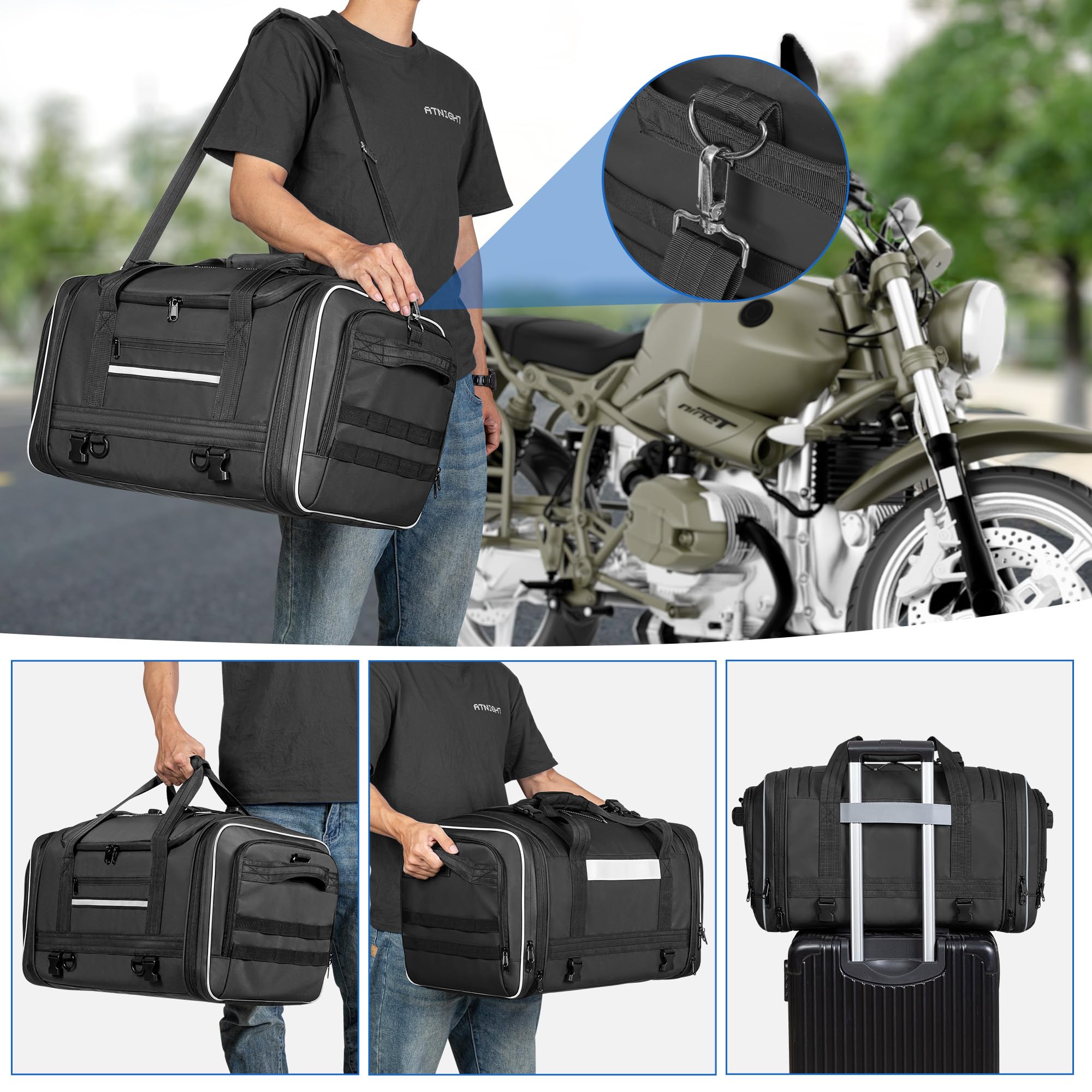 Marscamd Waterproof Motorcycle Tail Luggage Bag, 48L-64L Expandable, a Rain Cover Included, Bag with 4 Rack Mount Straps and Mul