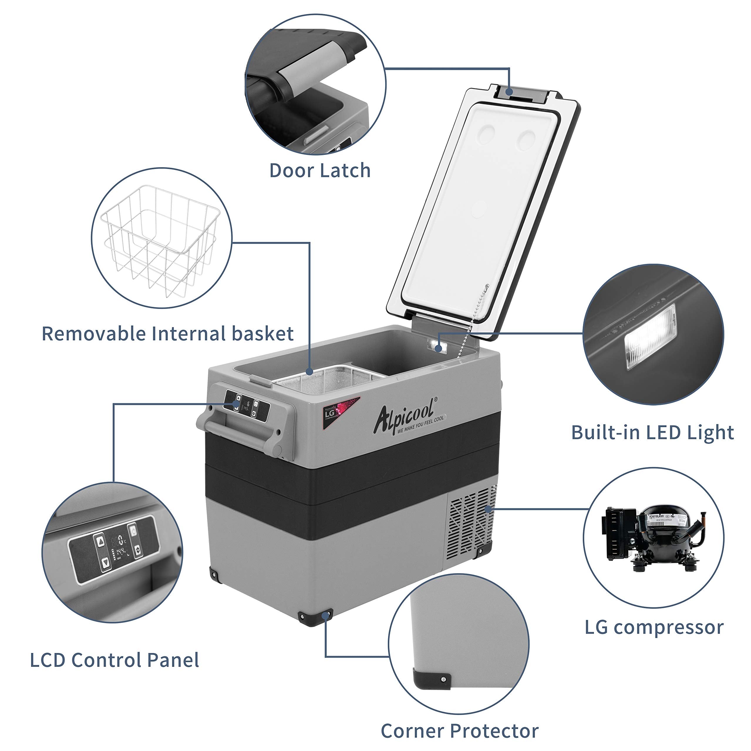 Alpicool LGCF55 Portable Refrigerator, 52 Qt Car Freezer, Grey, -4℉ to 68℉, Ideal for Truck, RV, Outdoor Travel, 12/24