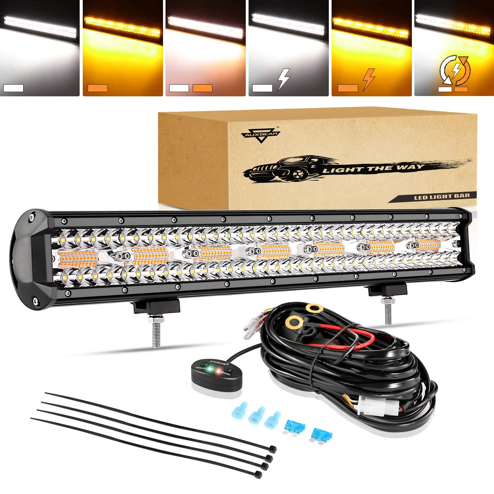 Auxbeam 20 Inch Led Light Bar 420W 6 Modes Amber White Strobe Light, Off-Road Driving Light Spot Flood Combo Work Light With 16A