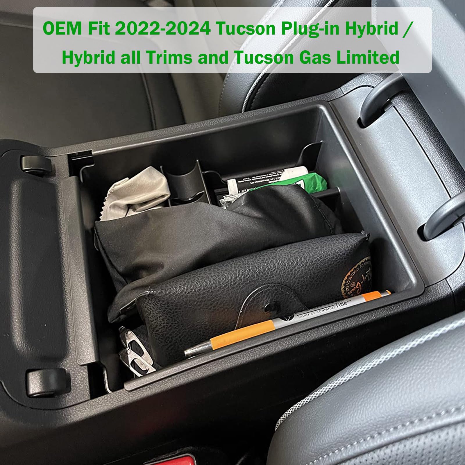 Tacorbo Center Console Organizer Compatible With Hyundai 2022-2024 Tucson Plug-In Hybrid/Hybrid All Trims And Tucson Gas Limited And Santa Cruz 2022-2025 Accessories, Armrest Insert Tray, Black