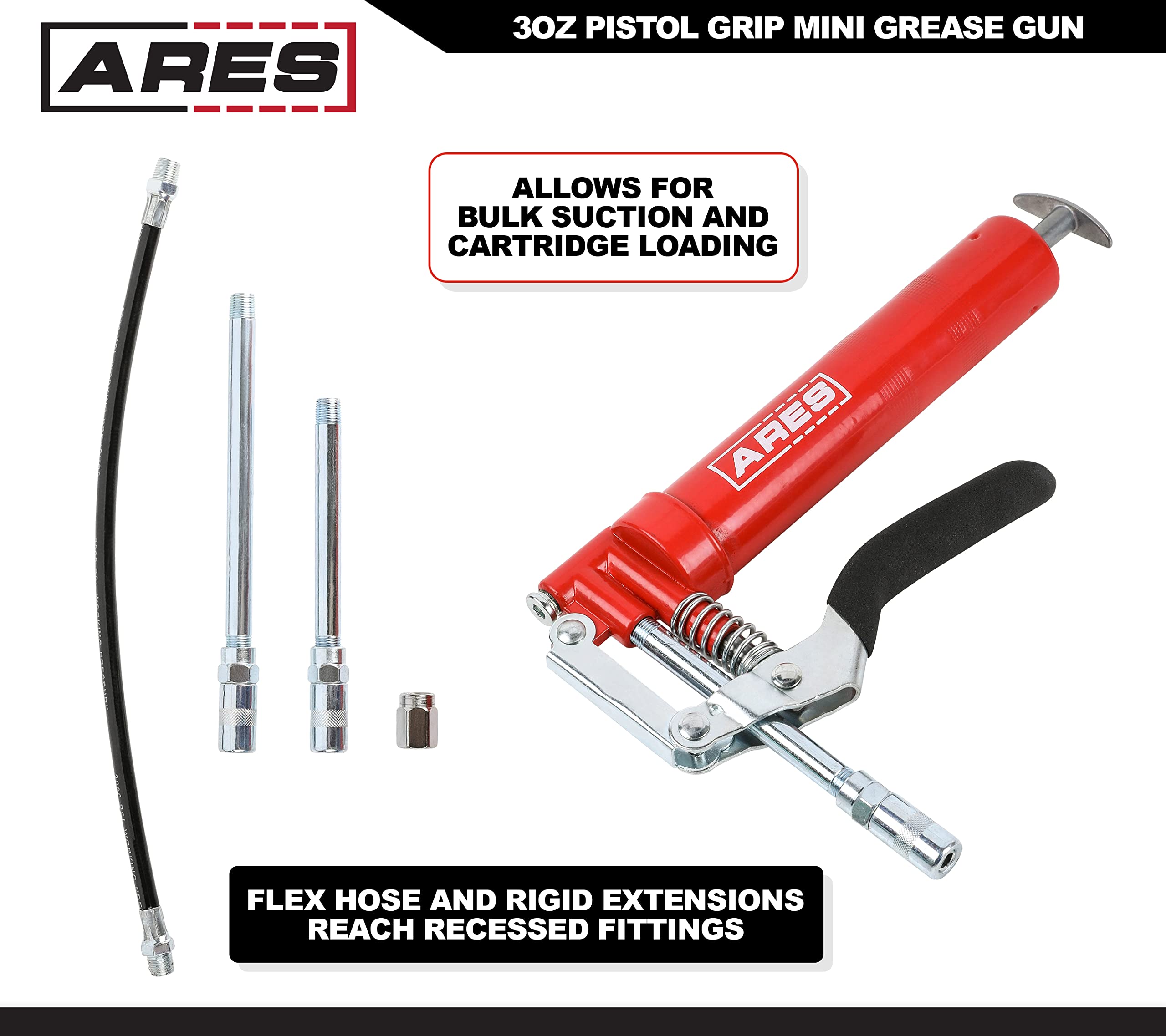 Ares 53011 - 3Oz Pistol Grip Mini Grease Gun - Includes 12-Inch Flex Hose And 4-Inch And 6-Inch Straight Extensions - 3000 Psi W