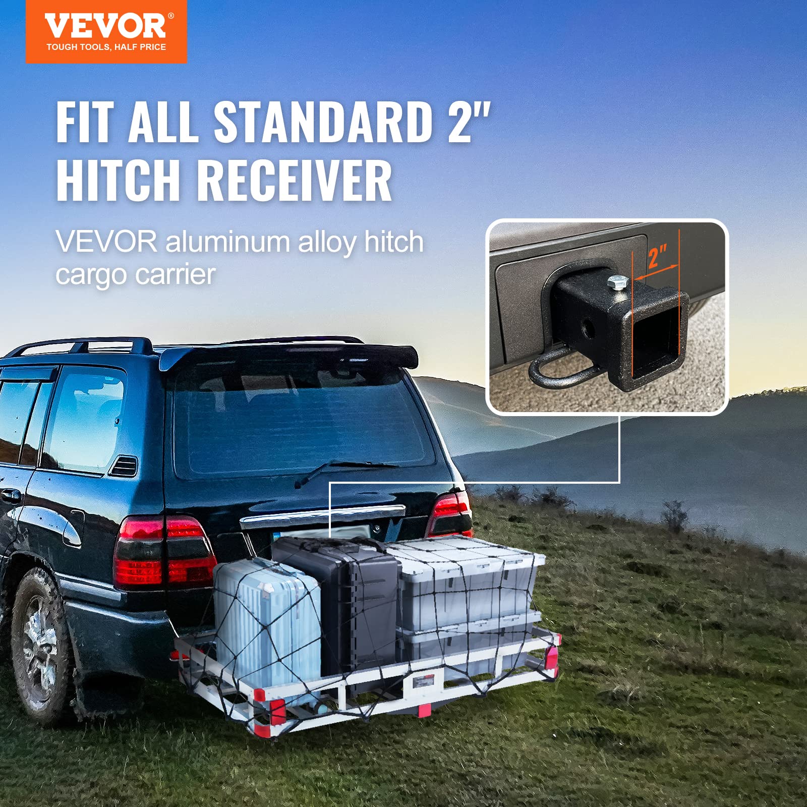 VEVOR 49.4 x 22.4 x 7.1 in Hitch Cargo Carrier, 500lb Capacity Trailer Hitch Mount Aluminum Cargo Basket, Luggage Carrier Rack F