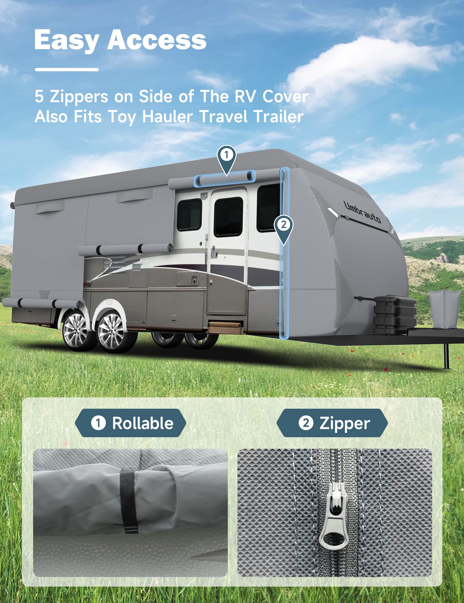 Rv Cover Umbrauto 2023 Upgraded 7 Layers Top Camper Cover Windproof Travel Trailer Cover For 14' To 16' Rv, Toy Hauler Cover With Tongue Jack Cover, Extra Windproof Ropes, Gutter Covers