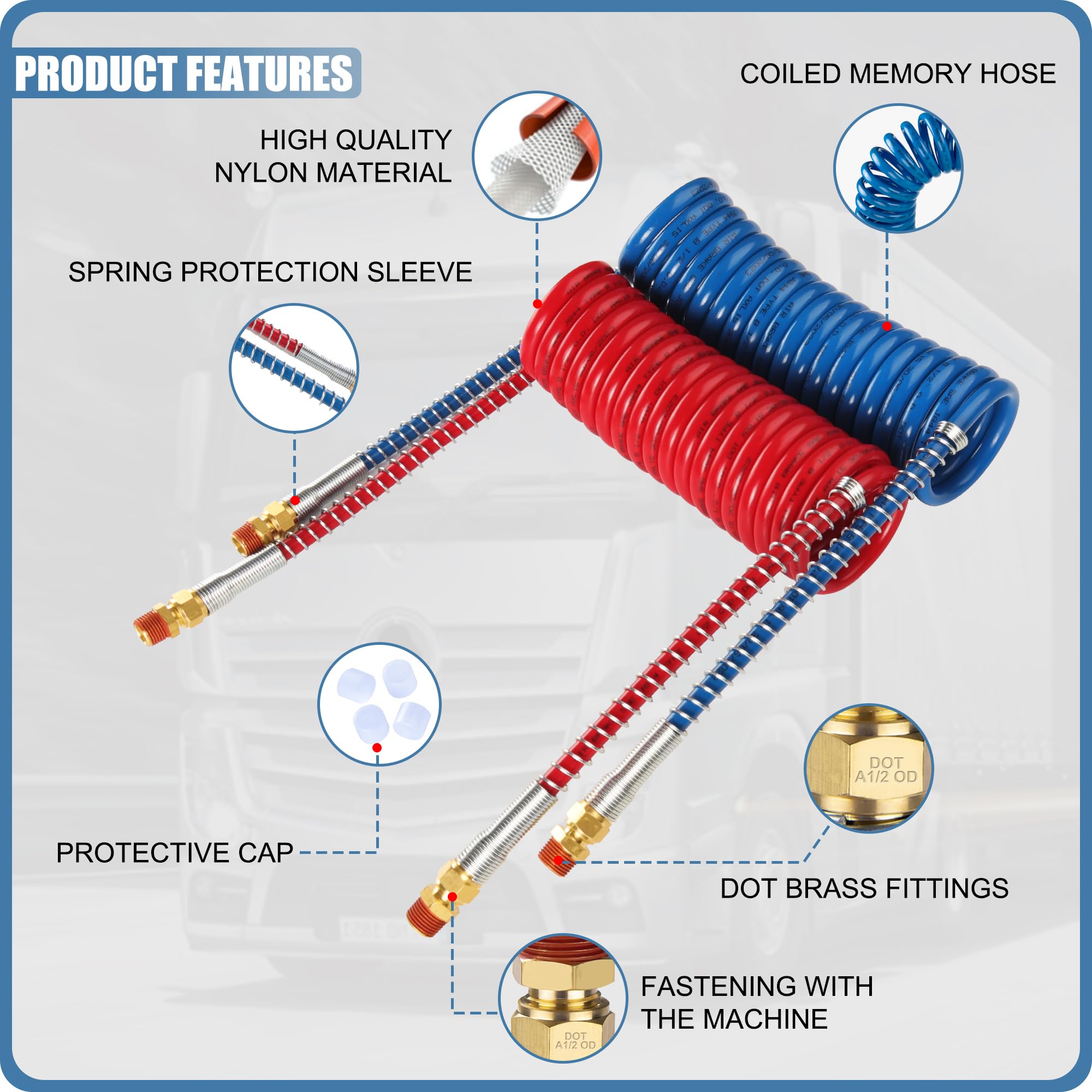 Ailbiuko Air Brake Line Hose Coil Assembly Coiled Set 15 Ft Air Lines Red Blue Hoses For Semi Truck Tractor Trailer,1/2'' Npt Do