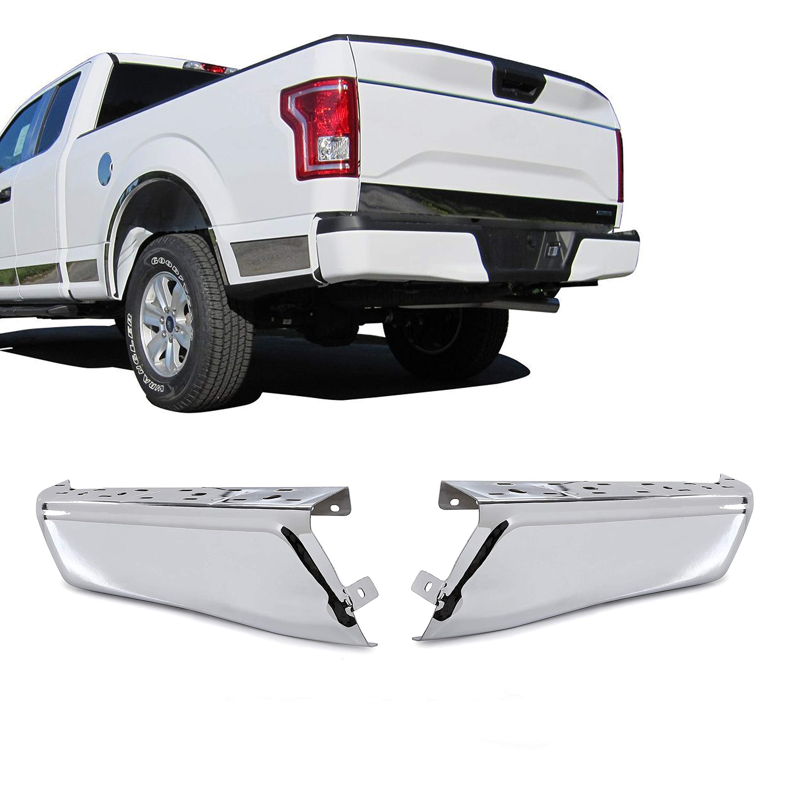 ECOTRIC Rear Bumper End Caps Cover Compatible with 2015-2020 Ford F150 Replacement For FO1102380 W/O Park Sensor Holes Chrome St