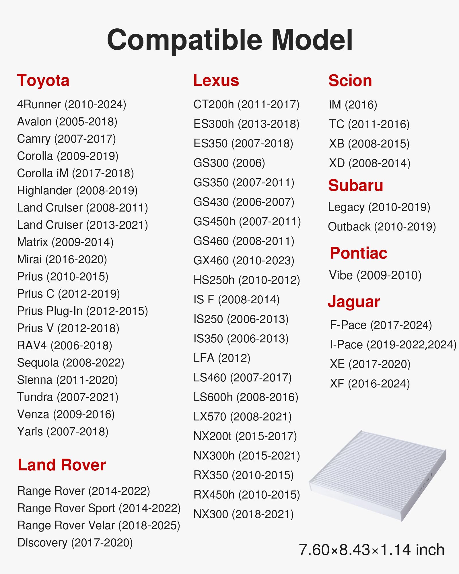 Puroma Cabin Air Filter Compatible With Toyota Camry, Rav4, Highlander, Corolla, Sienna, Tundra, Prius, 4Runner, Subaru Outback