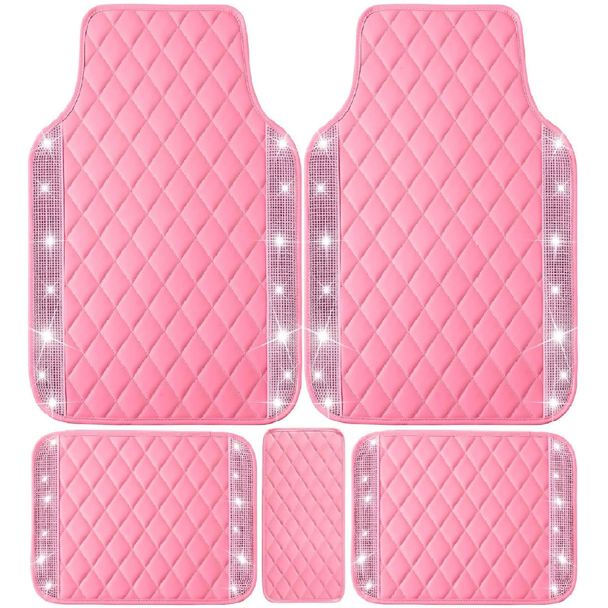 NBTEPEM Pink Bling Leather Car Floor Mats Full Set, Sparkly Diamond Car Mats Universal Fit Most Automotive, Glitter Rhinestone C