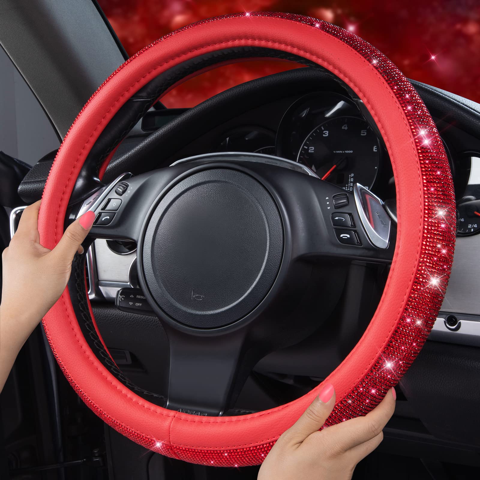 Car Pass Bling Diamond Leather Steering Wheel Cover, With Bling Sparkly Crystal Glitter Rhinestones Universal Fit 14 1/2-15 Car Wheel Protect For Women Girl Fit Suvs,Vans,Sedans,Cars,Trucks, Red