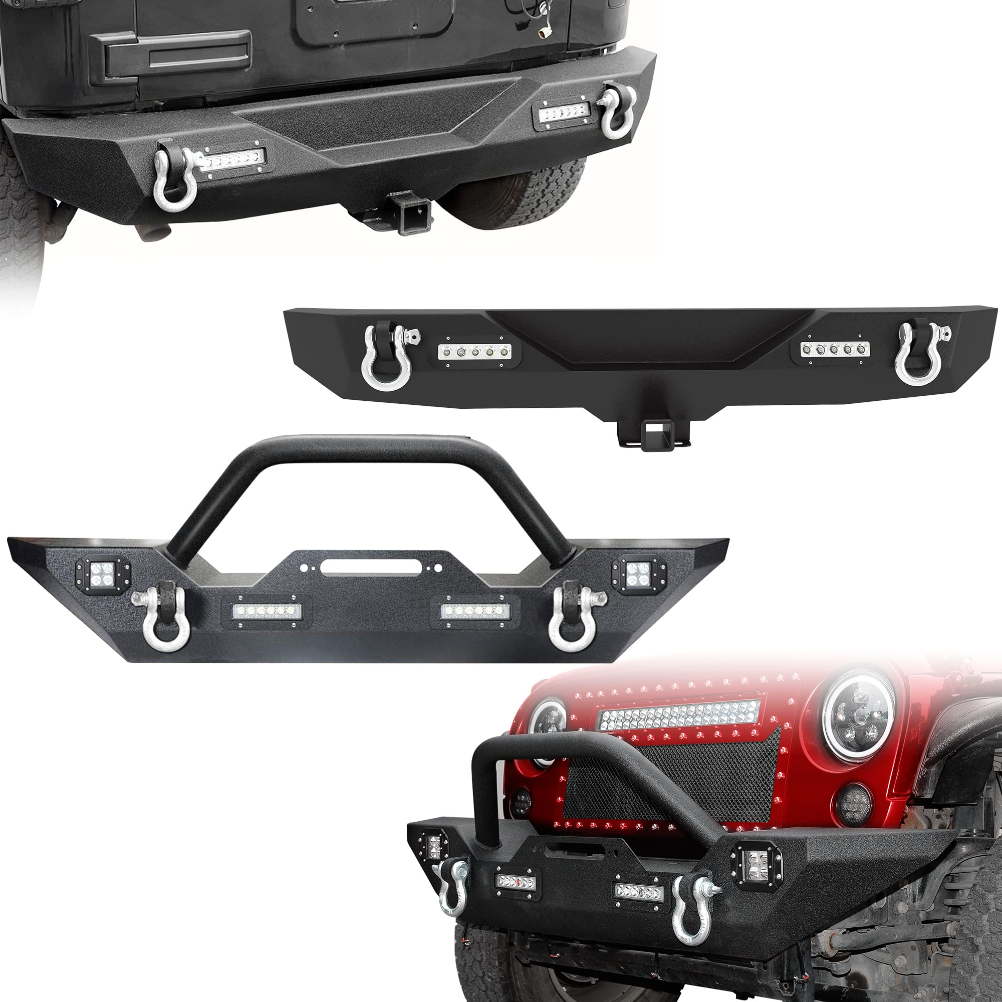 Ledkingdomus Front& Rear Bumper Compatible 07-18 Jeep Wrangler Jk &Unlimited Rock Crawler 4X Led Lights W/Winch Plate D-Rings, 2