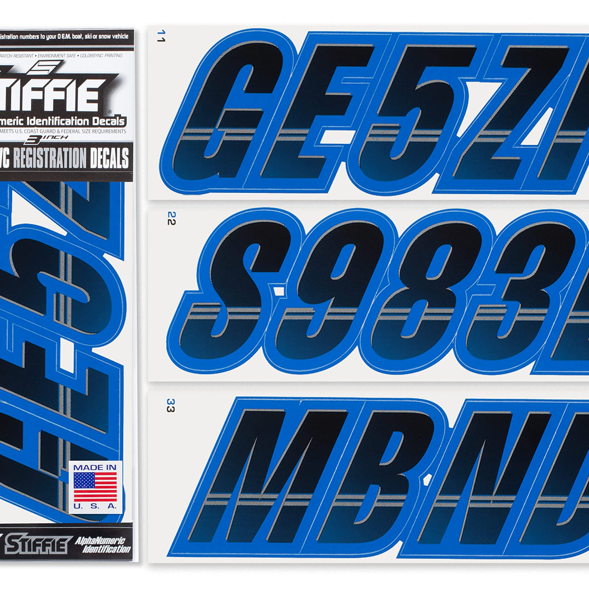 Stiffie Techtron Black/Octane Blue 3 '' Boat & Pwc Registration Decals Numbers L WBCARB07GSGPKZW