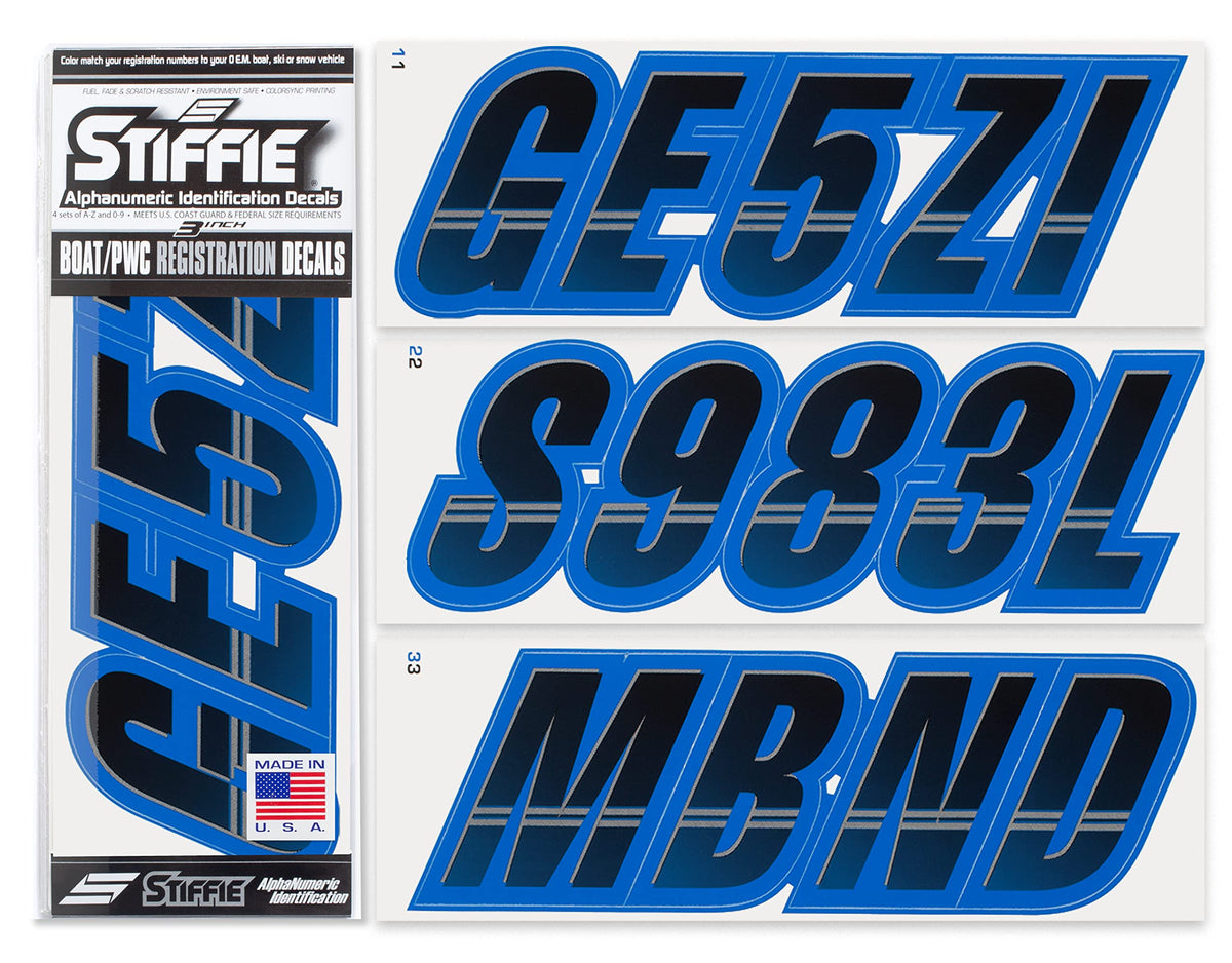 Stiffie Techtron Black/Octane Blue 3 '' Boat & Pwc Registration Decals  Numbers Letters Stickers