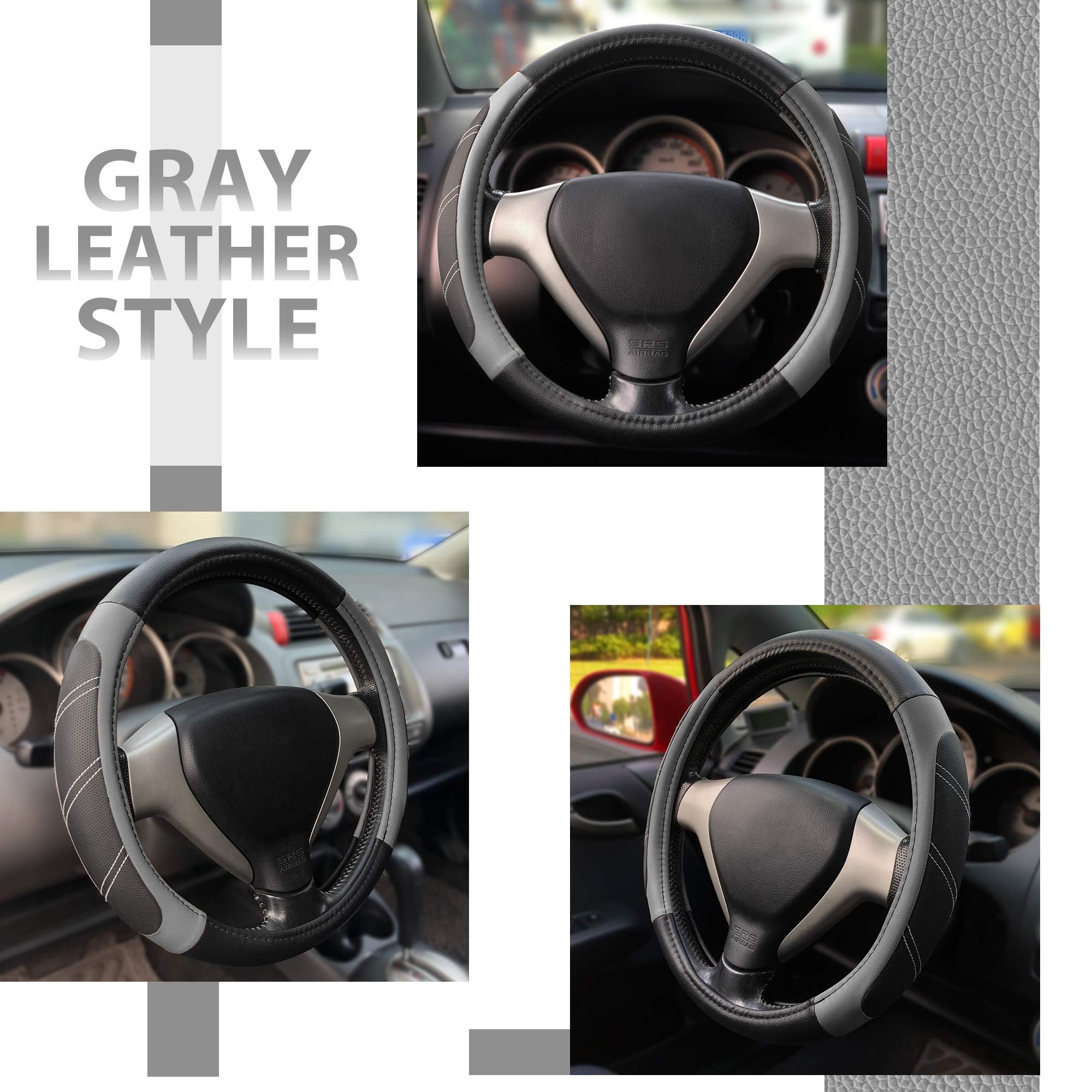 Elantrip Leather Large Steering Wheel Cover 15 1/2 to 16 inch Soft Grip Breathable for Car Truck SUV Jeep Anti Slip Black and Gr