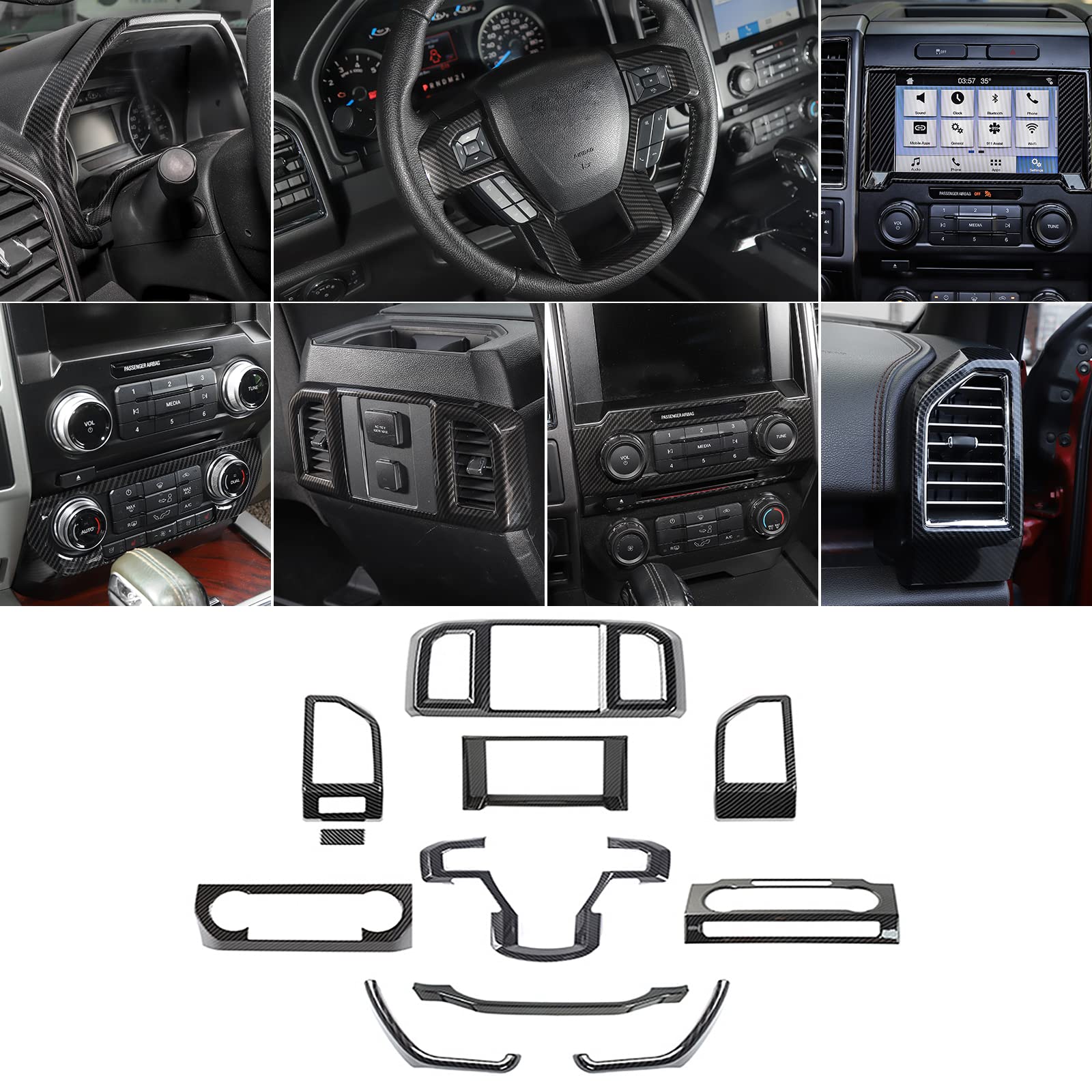 Hoolcar Interior Center Console Dashboard Navigation Trim Cover Kit ABS Accessories for 2015-2020 Ford F150, Carbon Fiber