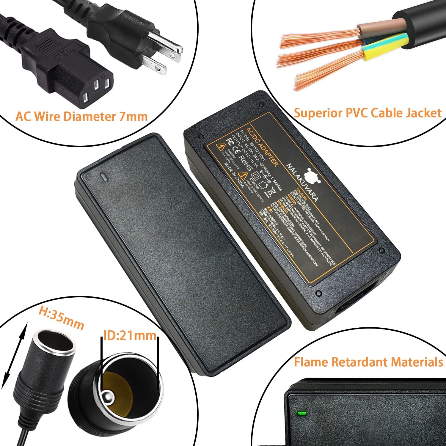 AC to DC Converter 110V to 12V 5A 60W Car Cigarette Lighter Adapter - Wall Plug Outlet Female Socket Converter - 110/120 to 12 V