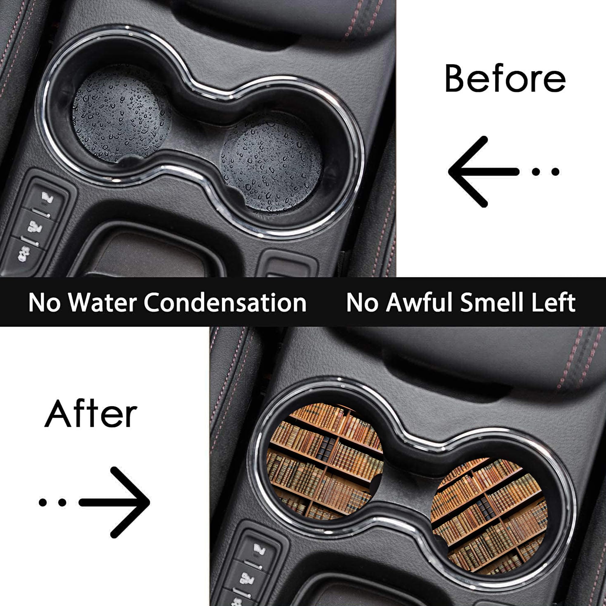 Old Books Library Car Coasters For Cup Holders, Car Accessories, 2 Pack Absorbent Ceramic Car Cup Holder Coasters For Drinks, Fo