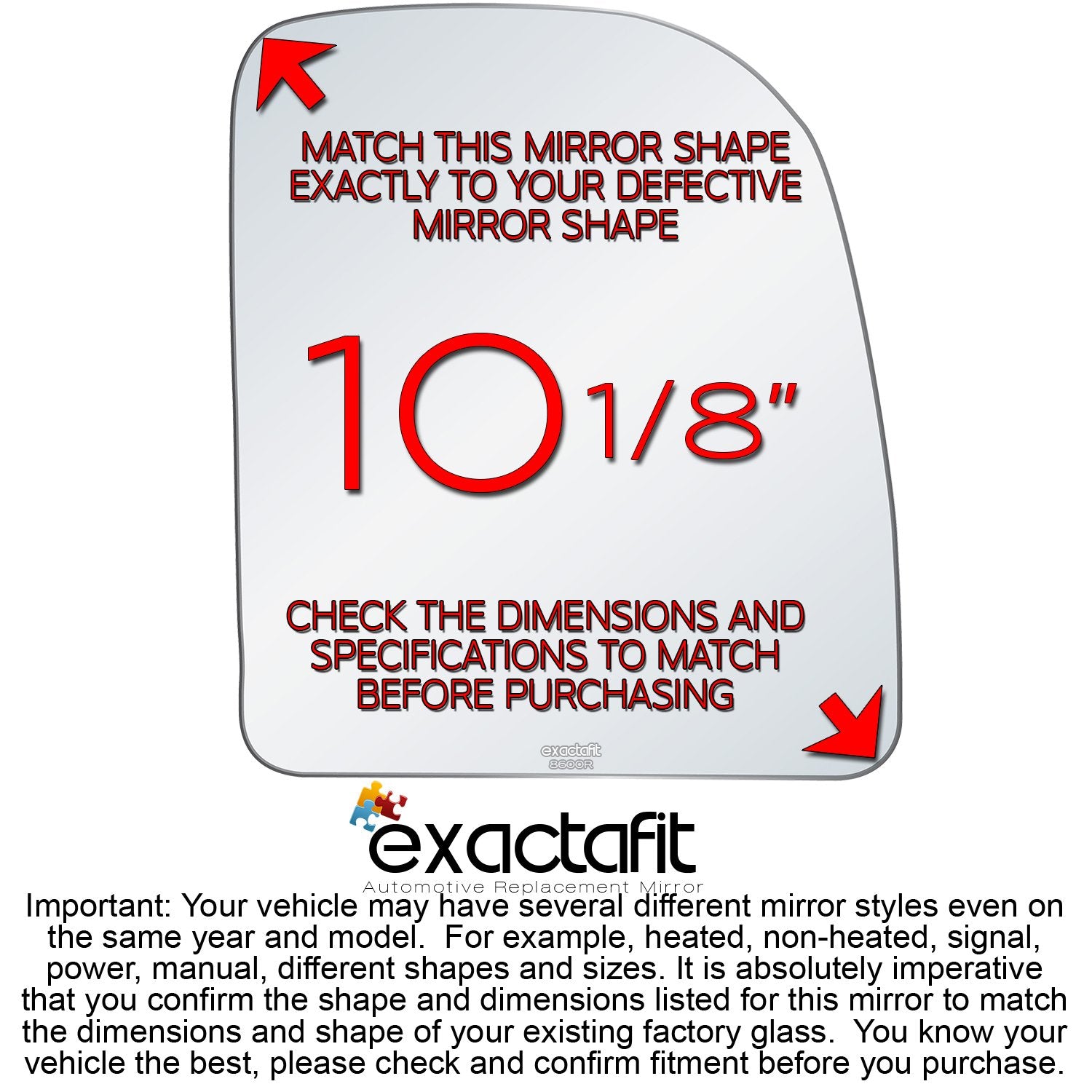 Exactafit 8600R Passenger Side Mirror Glass Replacement Repair Compatible With Ford E150 E250 E350 E450 Econoline Van, F250 F350