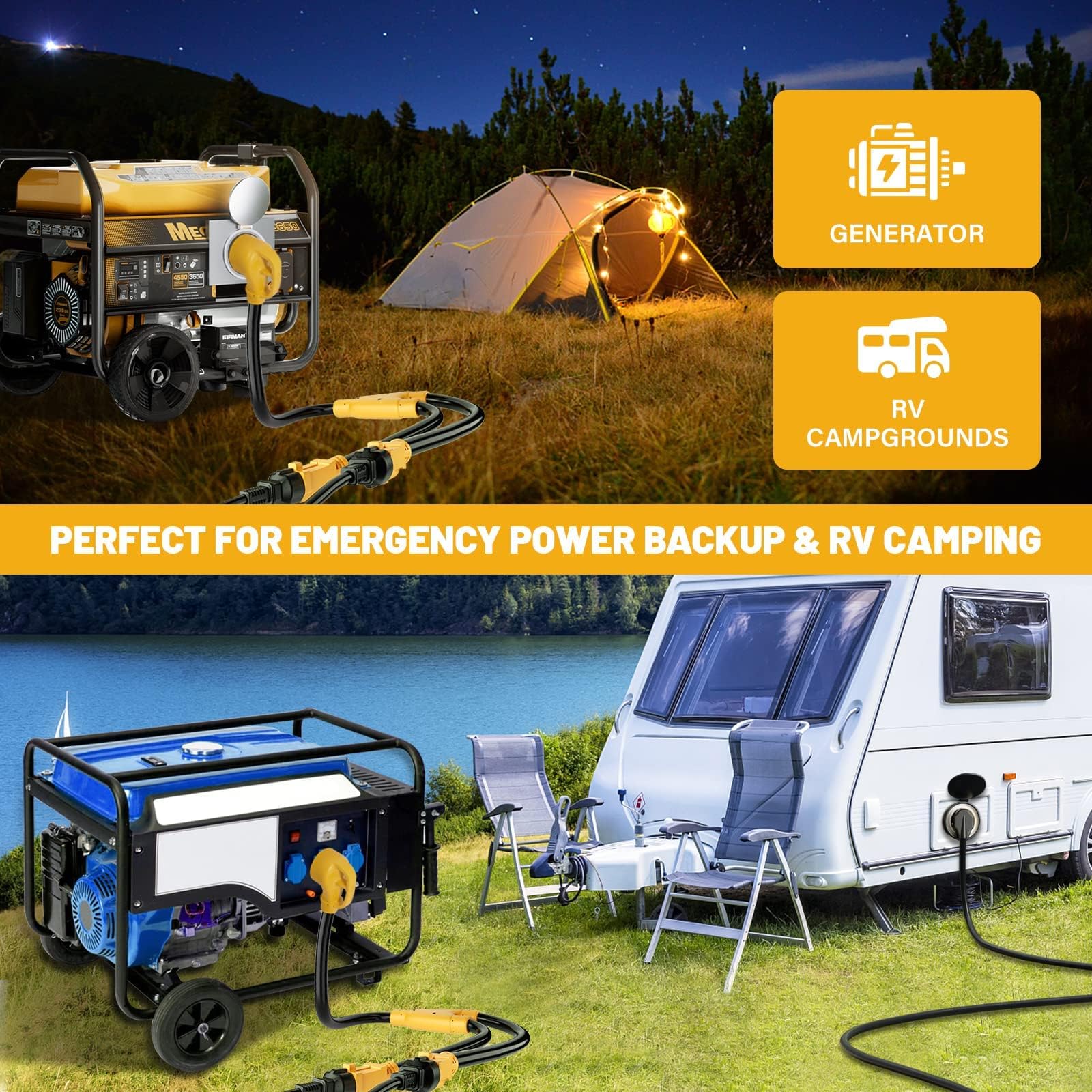 Mecmo 50 Amp To (2)X 110V 15 Amp Household Outlet Rv Y Adapter Power Cord, 10/3 Stw Nema 14-50P Male Plug To Two 5-15R Female El