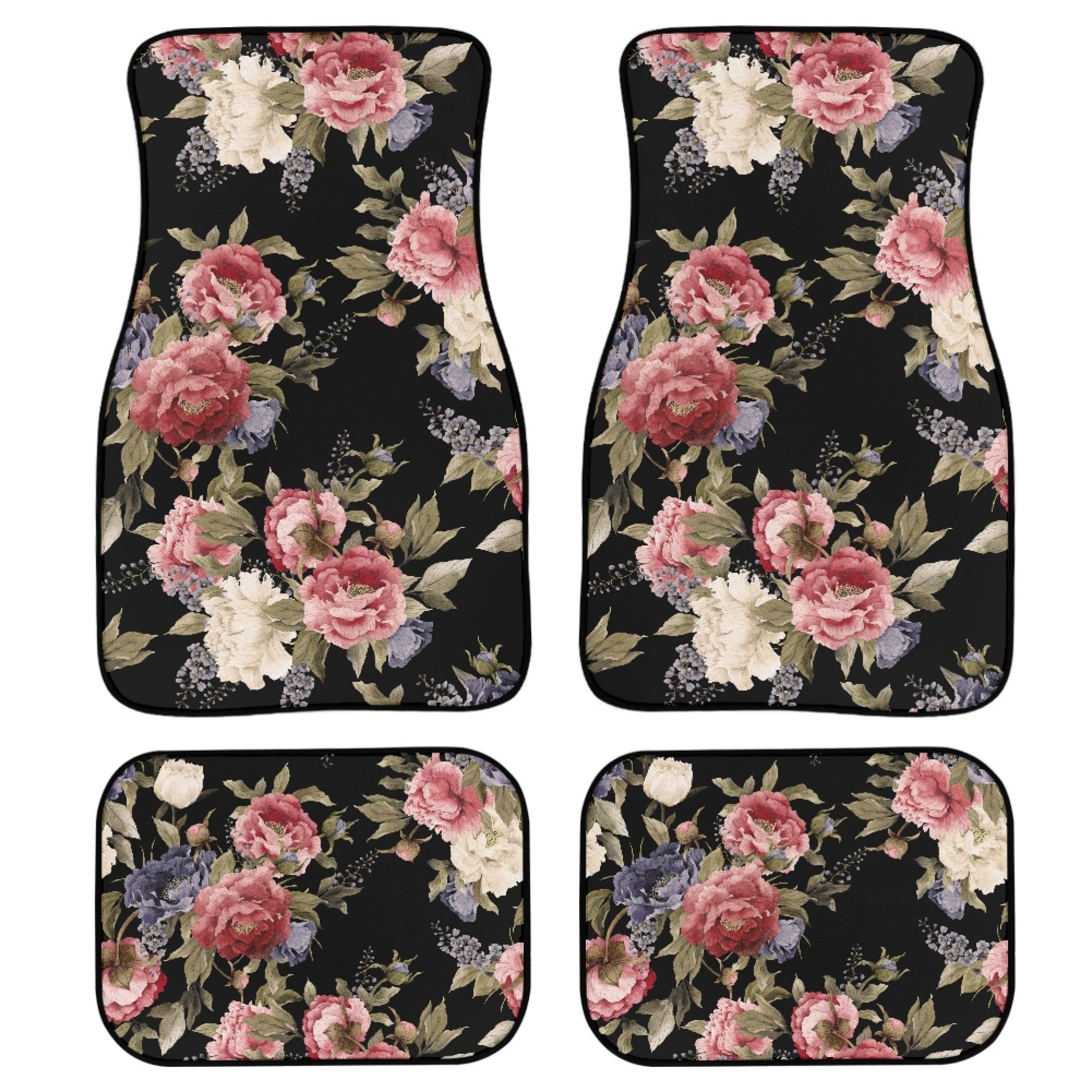 Dark Vintage Floral Flowers Print Car Floor Mats Set of 4,Seamless Floral Pattern with Peonies Watercolor Vehicle Front Rear Car