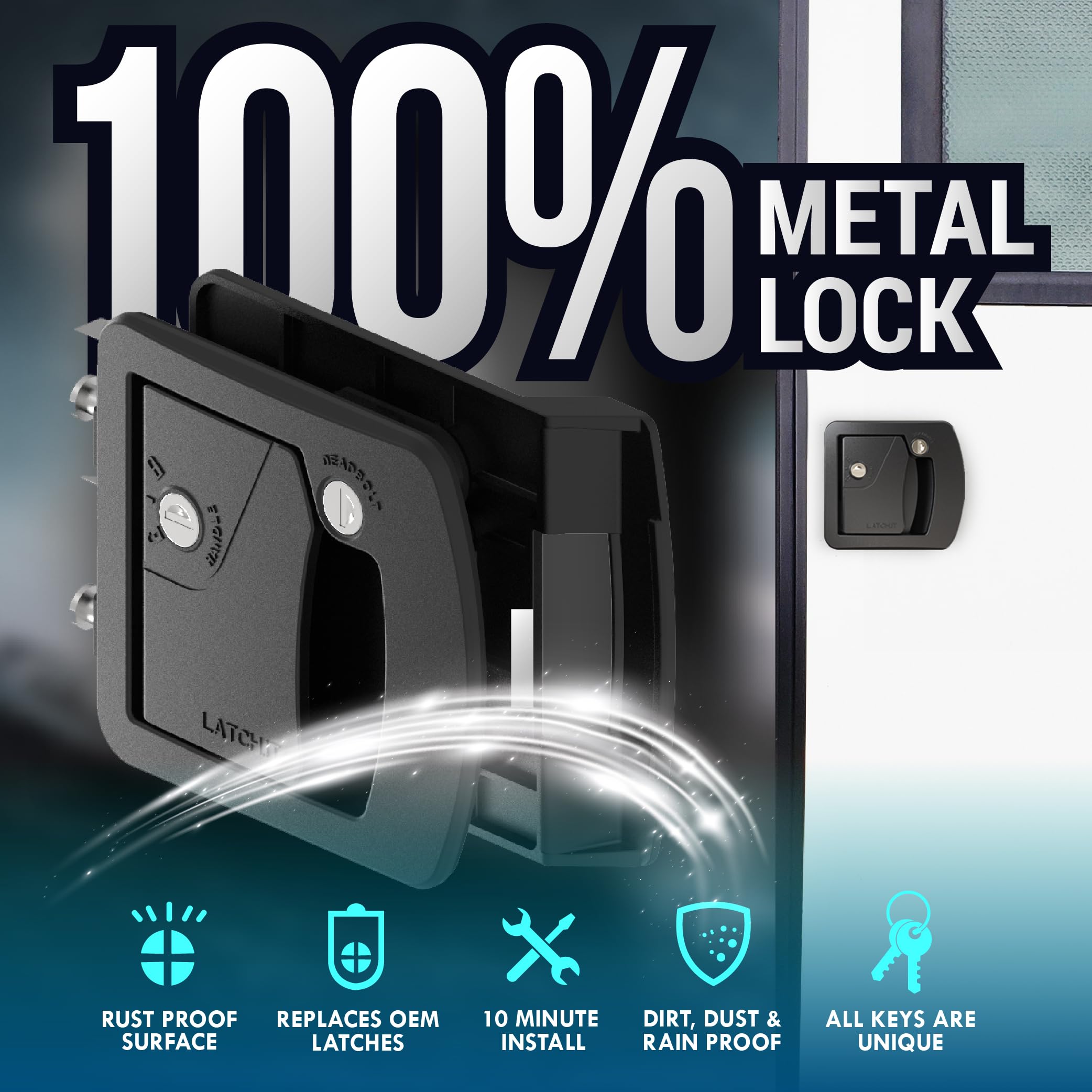 LATCH.IT RV Door Lock Replacement - Metal Mechanical Lock, Class C, 3.50" x 4.50" Hole, Black, Model RVL3249, Includes 2 Keys