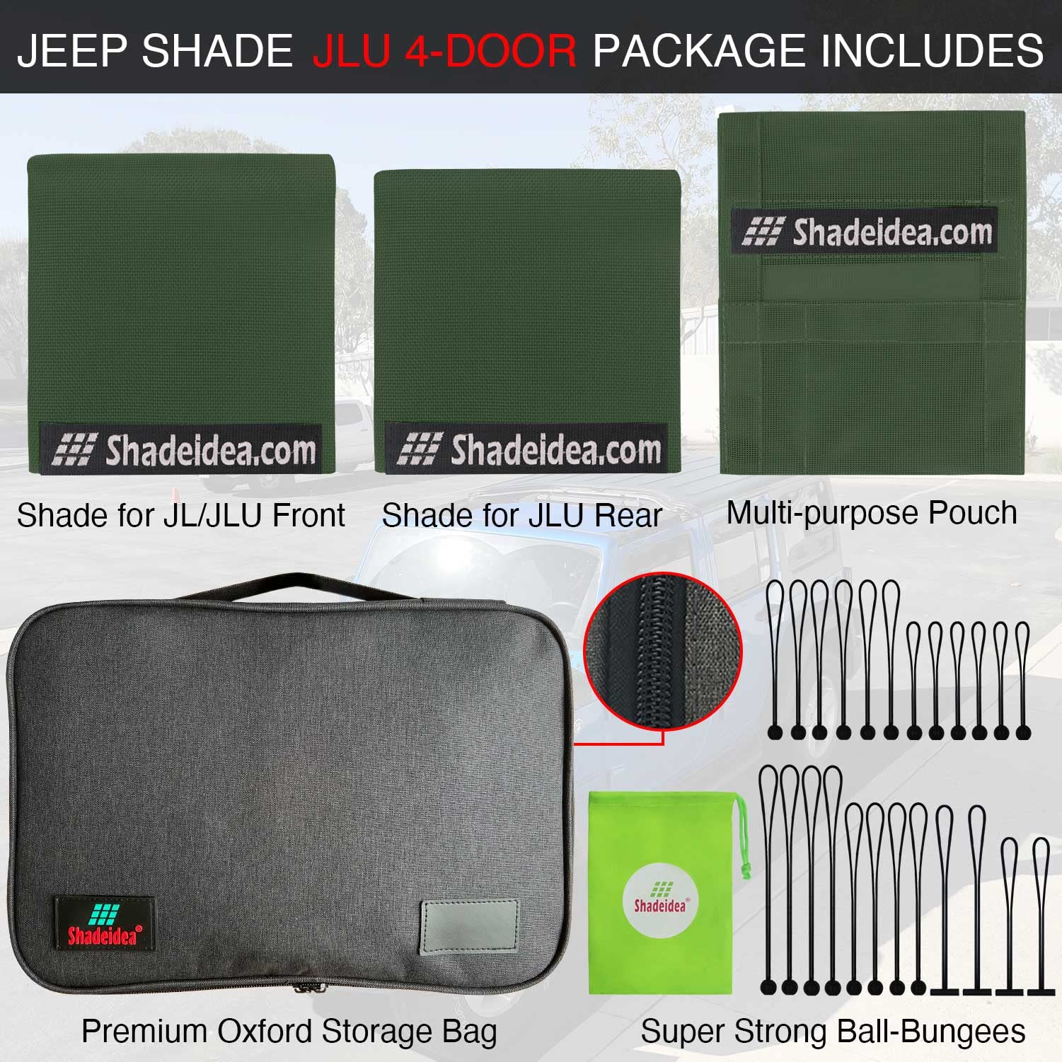 Shadeidea Sun Shade Top For Jeep Wrangler, Jl (2018-2023) 4 Door Top Sunshade, Front & Rear - Forest Green Jlu Mesh Screen Cover