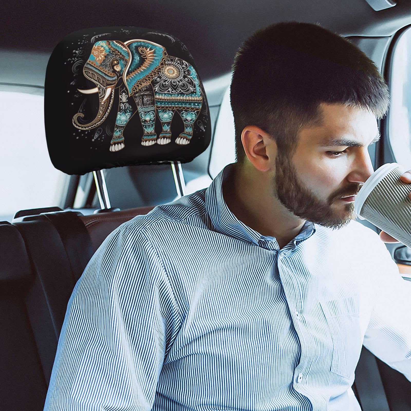 Dujiea 2 Pack Mandala Tribe Elephant Car Headrest Covers, Universal Soft Car Seat Head Rest Cover Protector, Vehicle Accessories